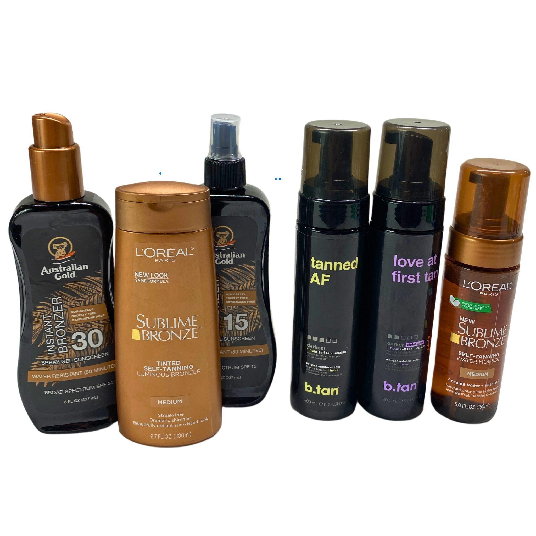 Australian Gold & L'Oreal Sublime Bronze Tinted Sunscreen & Self Tanning Lotion Set (30 SPF & 50 SPF) - 32 Piece Lot for Beach, Pool & Summer Vacation Protection