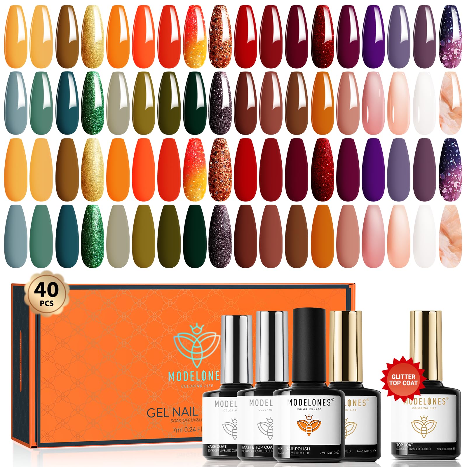 Modelones 40 PCS Gel Nail Polish Set - 36 Colors Nude, Brown, Red, Fall, Orange, Yellow, Green, Purple & Glitter Shades - Professional Nail Art Kit with Base, Matte, Glossy & Glitter Top Coats - Perfect for Home Manicures, Salon Use & DIY Nail Designs