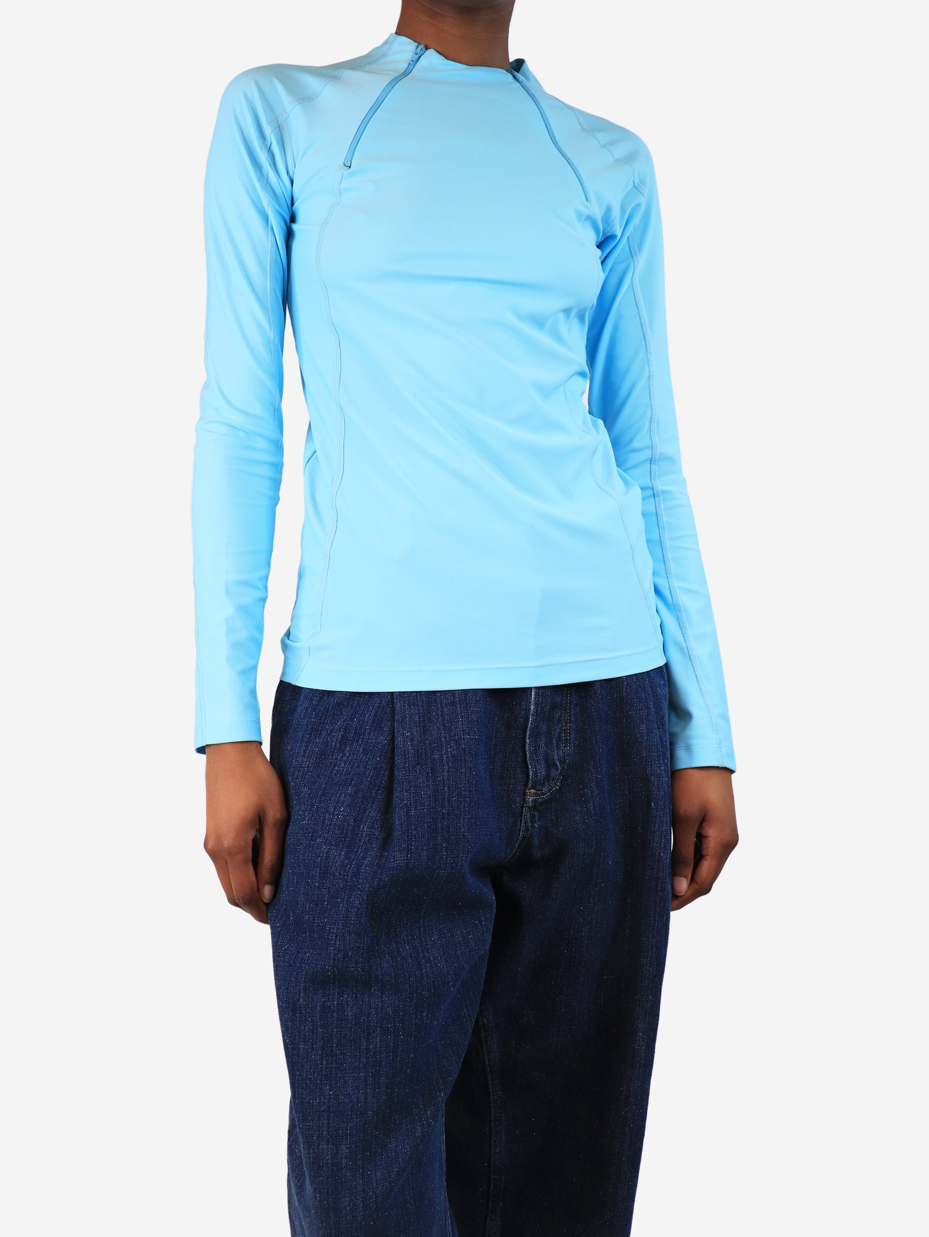 Blue Long Sleeve Zip Detail Top - Size S | Women's Casual Pullover Shirt for Everyday Wear & Layering