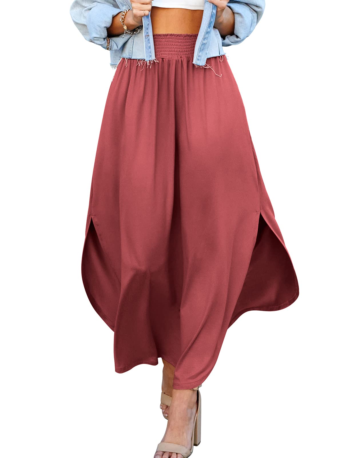 DOUBLJU Women's High Waisted Maxi Skirt - Elastic Waistband, Ankle Length Summer Long Skirt - Trendy Casual Plus Size Flowy Skirt for Beach, Vacation & Everyday Wear