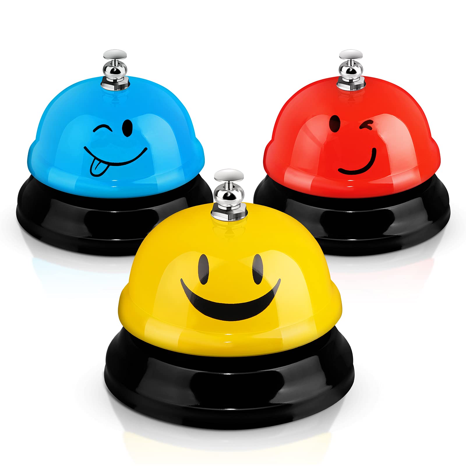 3 Inch Metal Desk Call Bells - 3 Pack Smile Face Service Bells with Anti-Rust Construction for Hotels, Restaurants, Offices & Schools (Red, Yellow, Blue) - Perfect for Reception Counters, Customer Service Desks and Cashier Stations