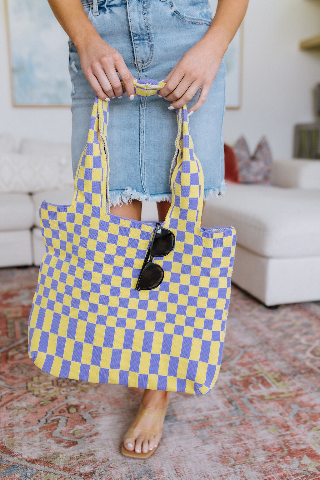 Checkerboard Pattern Large Tote Bag - Stylish Lilac & Yellow Crossbody Shoulder Bag for Women | Perfect for Beach, Shopping, Travel & Daily Use