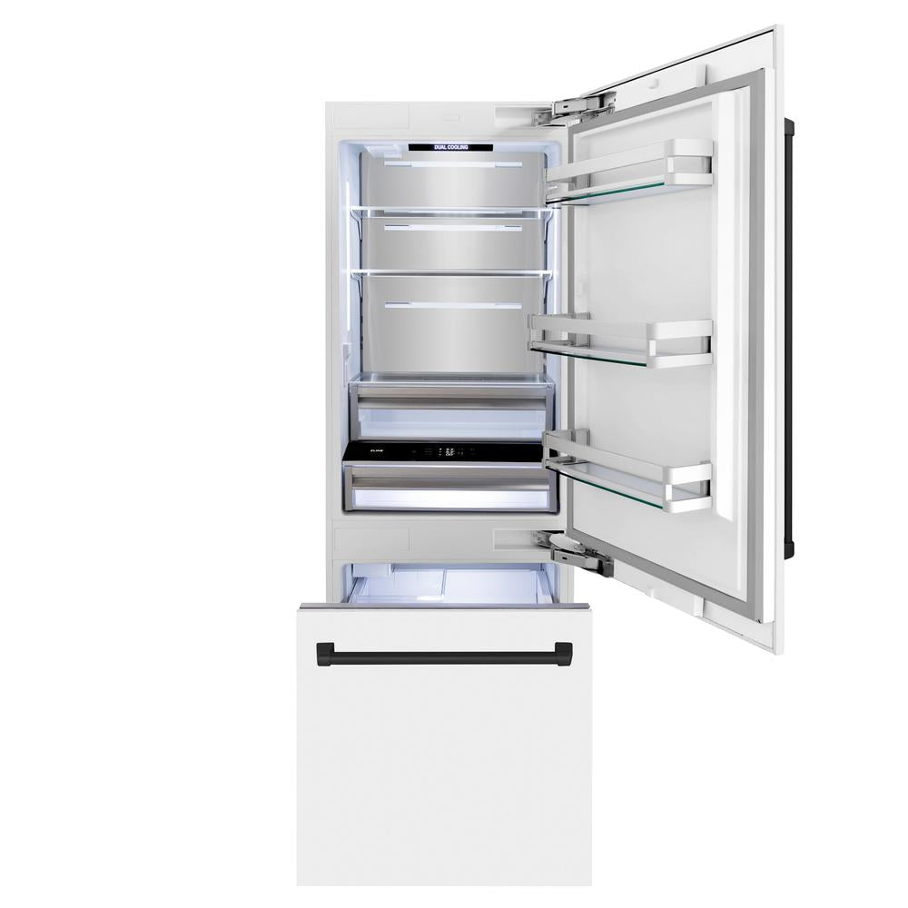 ZLINE Autograph Edition 30 Inch Built-In Bottom Freezer Refrigerator - 16.1 cu ft Capacity, Water Dispenser & Ice Maker - White Matte Finish with Matte Black Accents (RBIVZ WM 30 MB) - Perfect for Modern Kitchens & Open Concept Homes