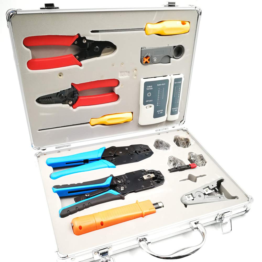 10-Piece Network Tools Set with Hand Crimp Tool - HT-K4015 Multi-Purpose Networking Kit for Cable Installation, Repair & Maintenance