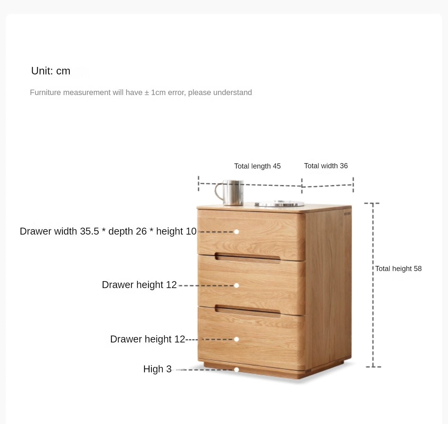 Solid Oak Wood 3-Drawer Nightstand with Lock - Bedside Table for Bedroom, Living Room & Office Storage