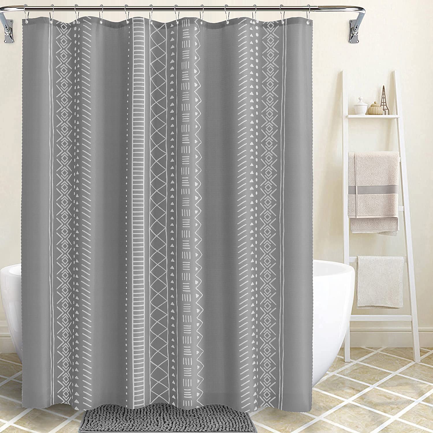 Grey and White Boho Shower Curtain - Waterproof Modern Farmhouse Bathroom Decor with Geometric Abstract African Design, 72x72 Inch - Perfect for Bohemian Chic, Rustic & Eclectic Bathrooms