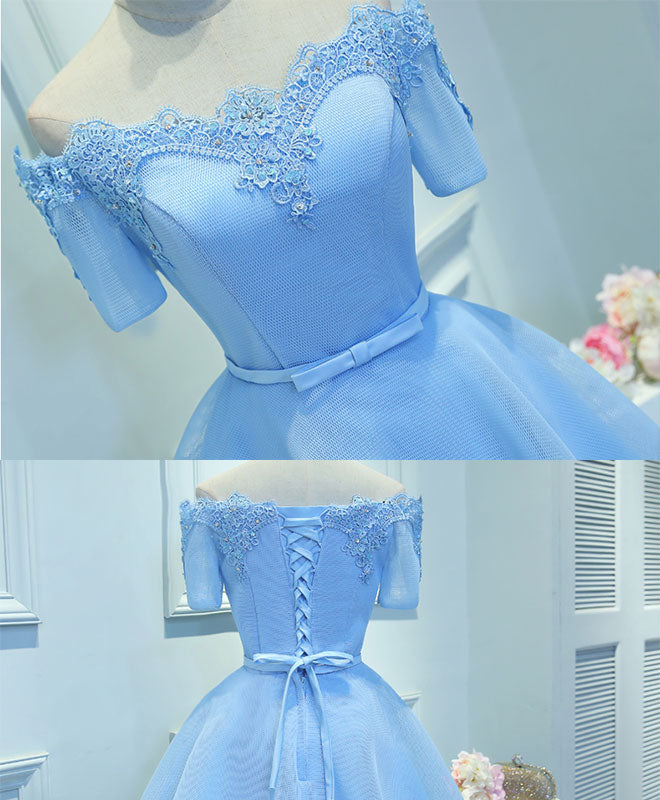 Elegant Blue A-Line Tulle Short Sleeve Lace Prom Dress | Cute Homecoming Party Dress for Teens | Perfect for Dances, Weddings & Special Occasions