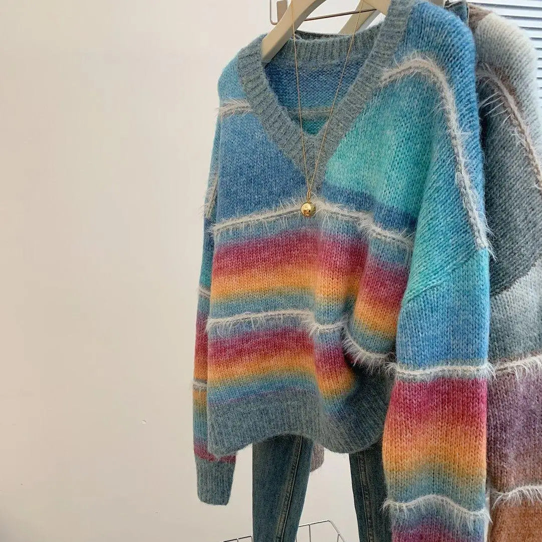 2024 Women's Rainbow Striped V-Neck Knit Sweater - Korean Fashion Loose Pullover for Autumn & Winter | Trendy Long Sleeve Top for Casual Wear, Office & Date Nights