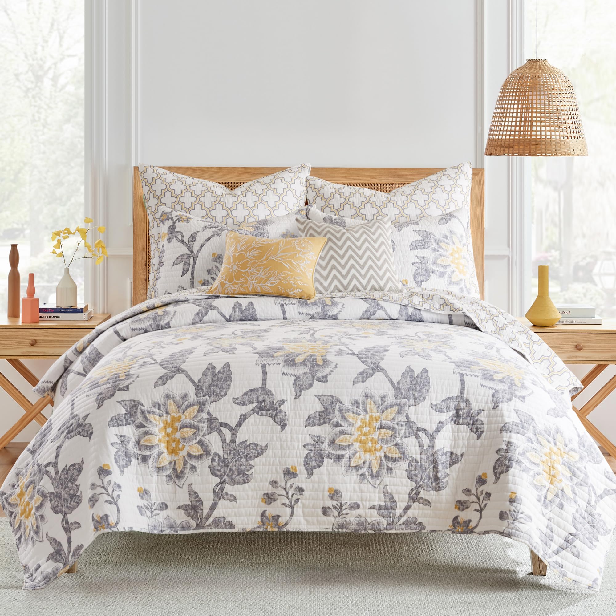 Levtex Home Reverie Quilt Set - Full/Queen Size Reversible Cotton Quilt (88x92in) with 2 Standard Pillow Shams (26x20in) - Floral Pattern in Yellow, Grey & White - Soft Bedding for Cozy Bedroom Decor & Guest Room Essentials