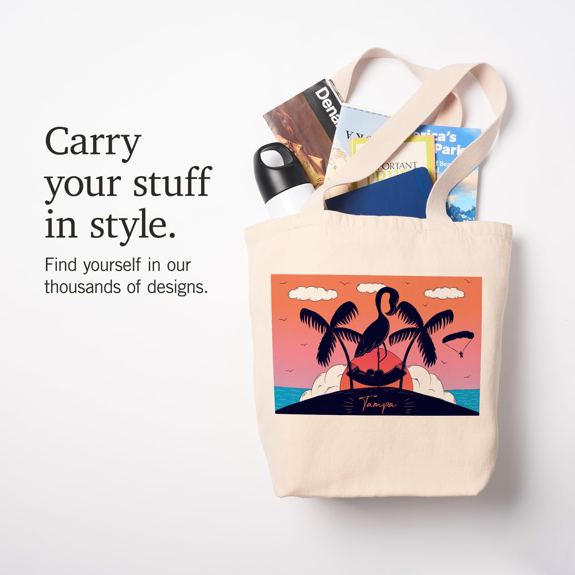 Lantern Press Tampa Florida Flamingo Island Beach Scene Tote Bag - 100% Cotton Canvas Reusable Shopping Bag for Beach, Groceries & Everyday Use