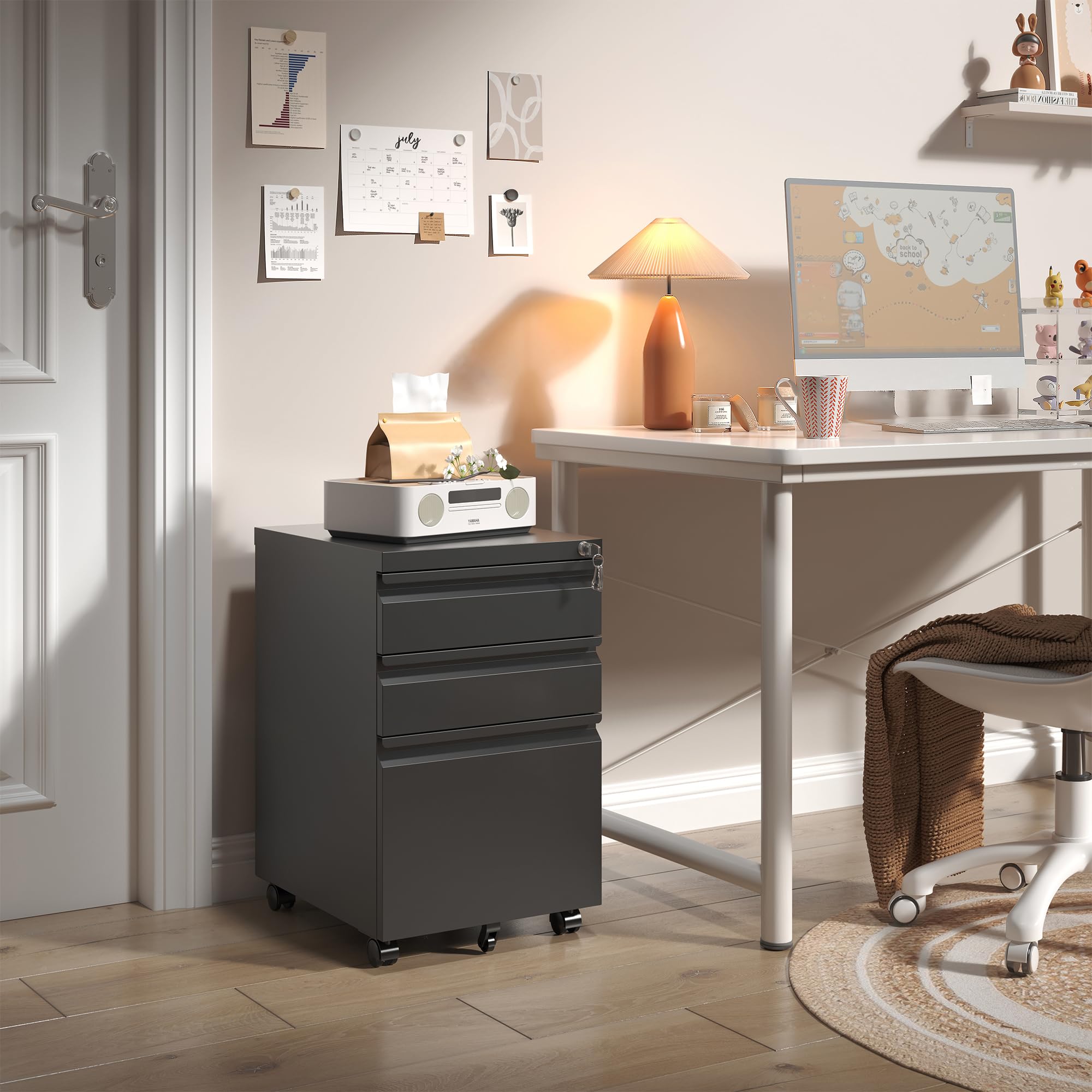 3 Drawer Mobile File Cabinet - Black Metal Under Desk Filing Cabinet with Wheels & Lock, Slim Vertical Office Organizer for Home & Business, Fully Assembled, Fits Letter/Legal/A4 Folders - Perfect for Small Spaces & Clutter-Free Workspaces - Ideal for Home Offices, Workstations & Compact Work Areas - Great for Document Storage, Office Organization & Space-Saving Solutions