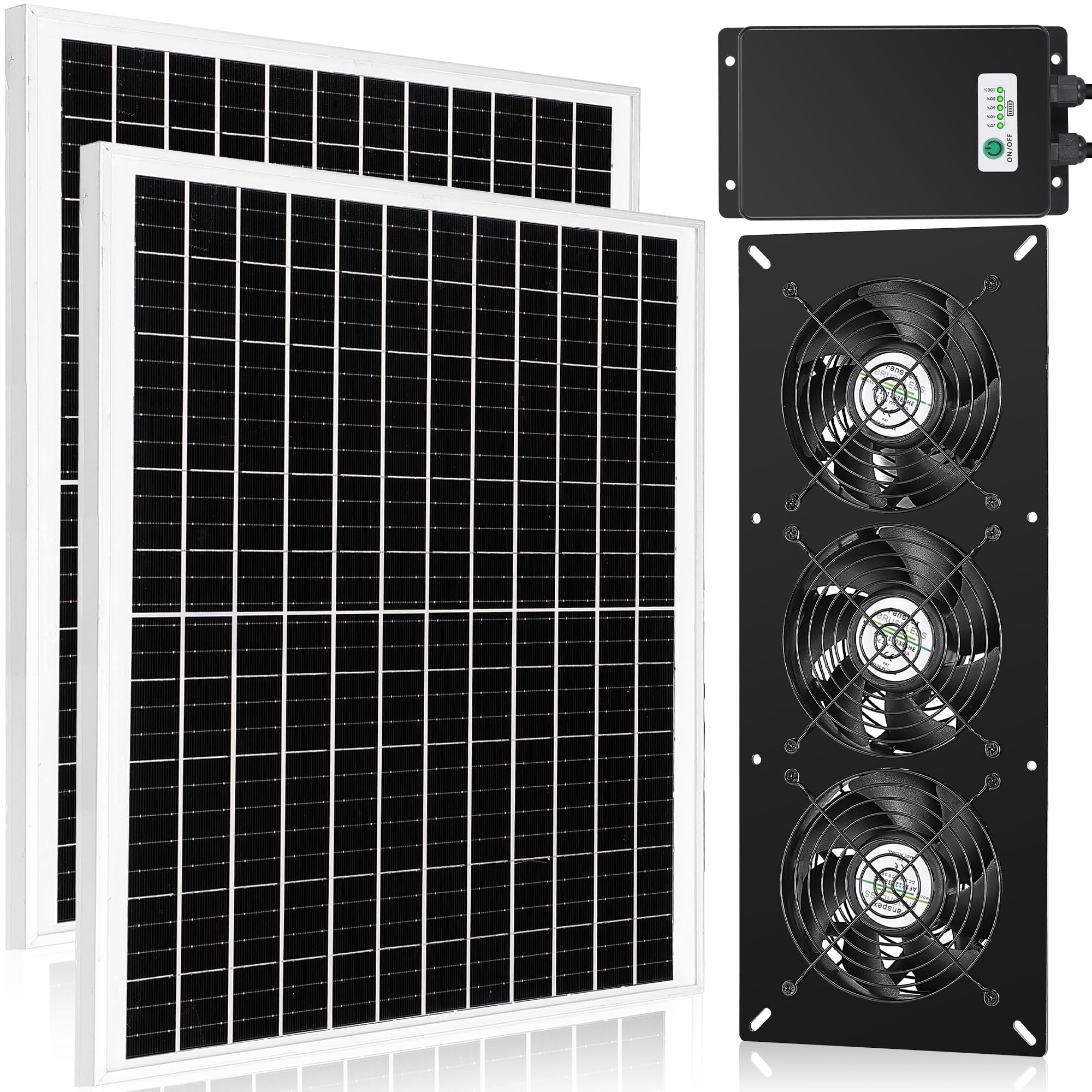 Solar Powered 3 Fan Kit with 66.6Wh Battery Backup - 50W Weatherproof Rechargeable Fans for Chicken Coops, Greenhouses & Sheds - Perfect for Ventilation & Cooling in Outdoor Structures