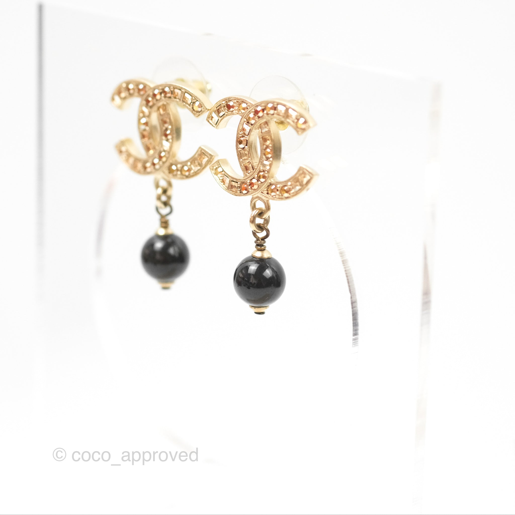 Chanel Champagne Crystal CC Black Bead Drop Earrings Gold Tone 21S - Luxury Fashion Jewelry for Women, Perfect for Parties, Weddings & Special Occasions