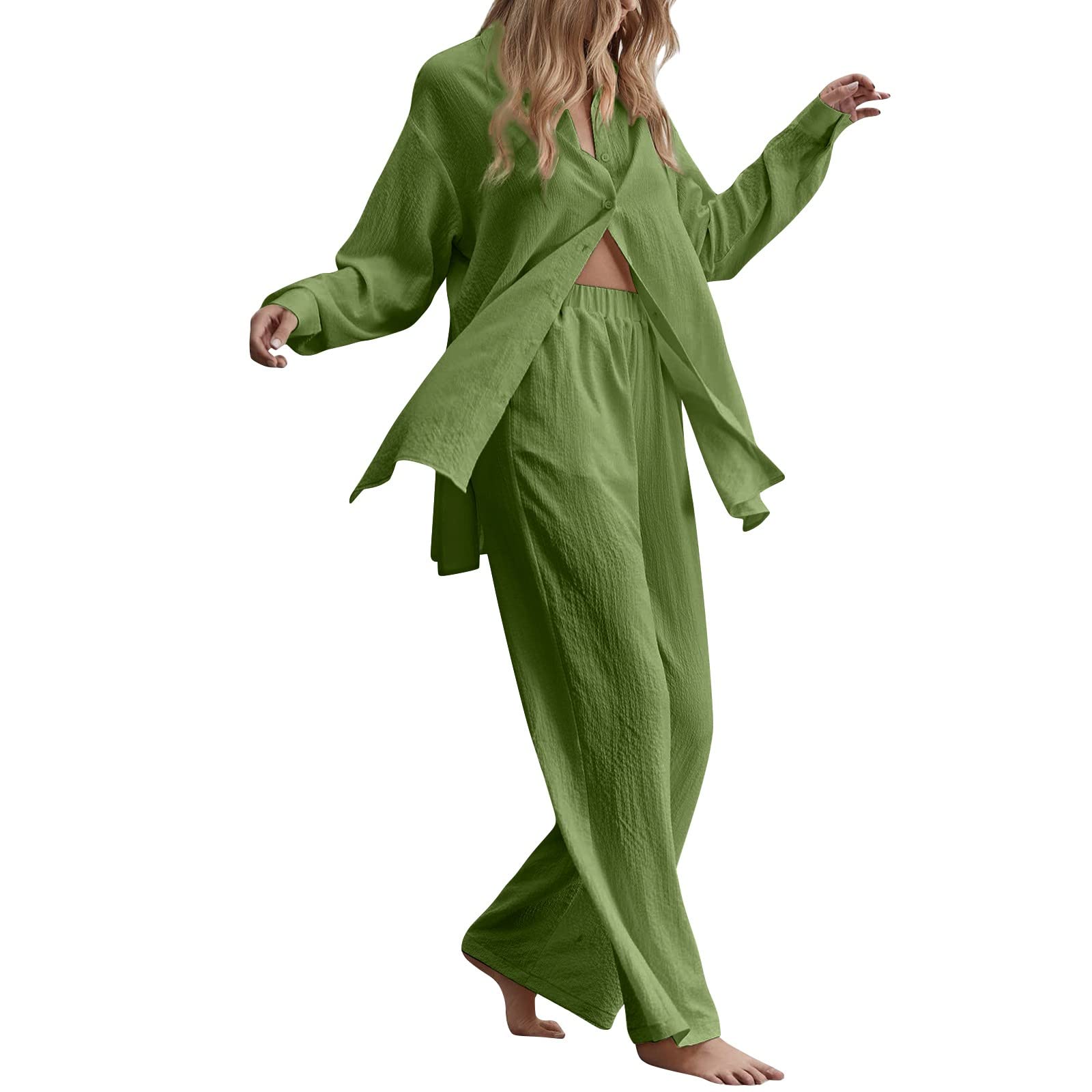 Women's 2-Piece Outfit - Loose Fit Cotton Linen Cropped Tank Top & High Waist Pants Set | Lounge Wear, Tracksuit | Perfect for Yoga, Home Wear & Casual Outings