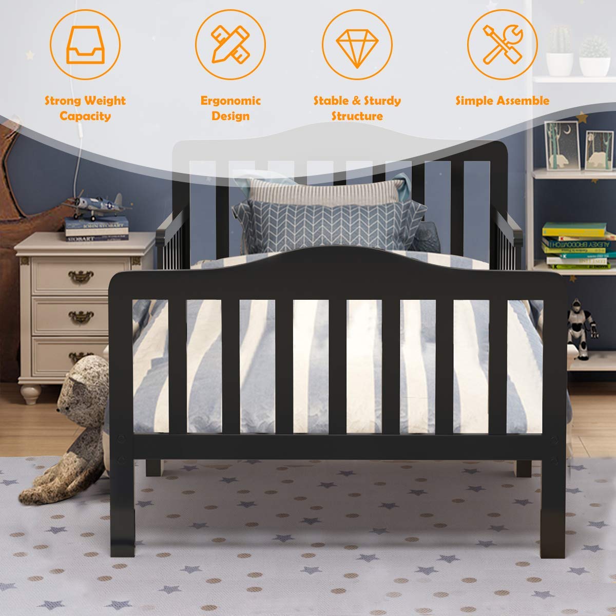Costzon Toddler Wood Bed with Safety Rail - Low Floor Design for Boys & Girls - Perfect for Nursery & Kids' Room
