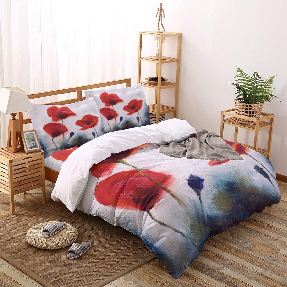 **Luxury 4-Piece Full Size Duvet Cover Set - Sunflower & Poppy Passion Flower Oil Painting Design, Soft Abstract Art Bedding (Duvet Cover + Sheet + 2 Pillowcases) - Perfect for Master Bedroom & Guest Room Decor**