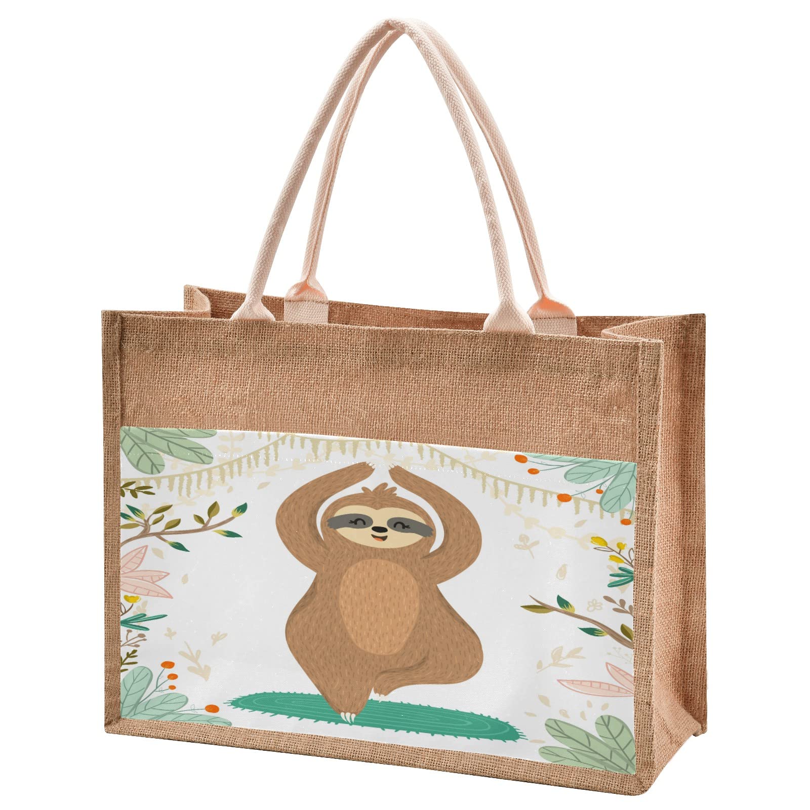 Eco-Friendly Jute Tote Bag with Adorable Sloth Yoga Design - Reusable Grocery & Beach Shopping Bag - Perfect for Wedding Gifts & Sustainable Lifestyle