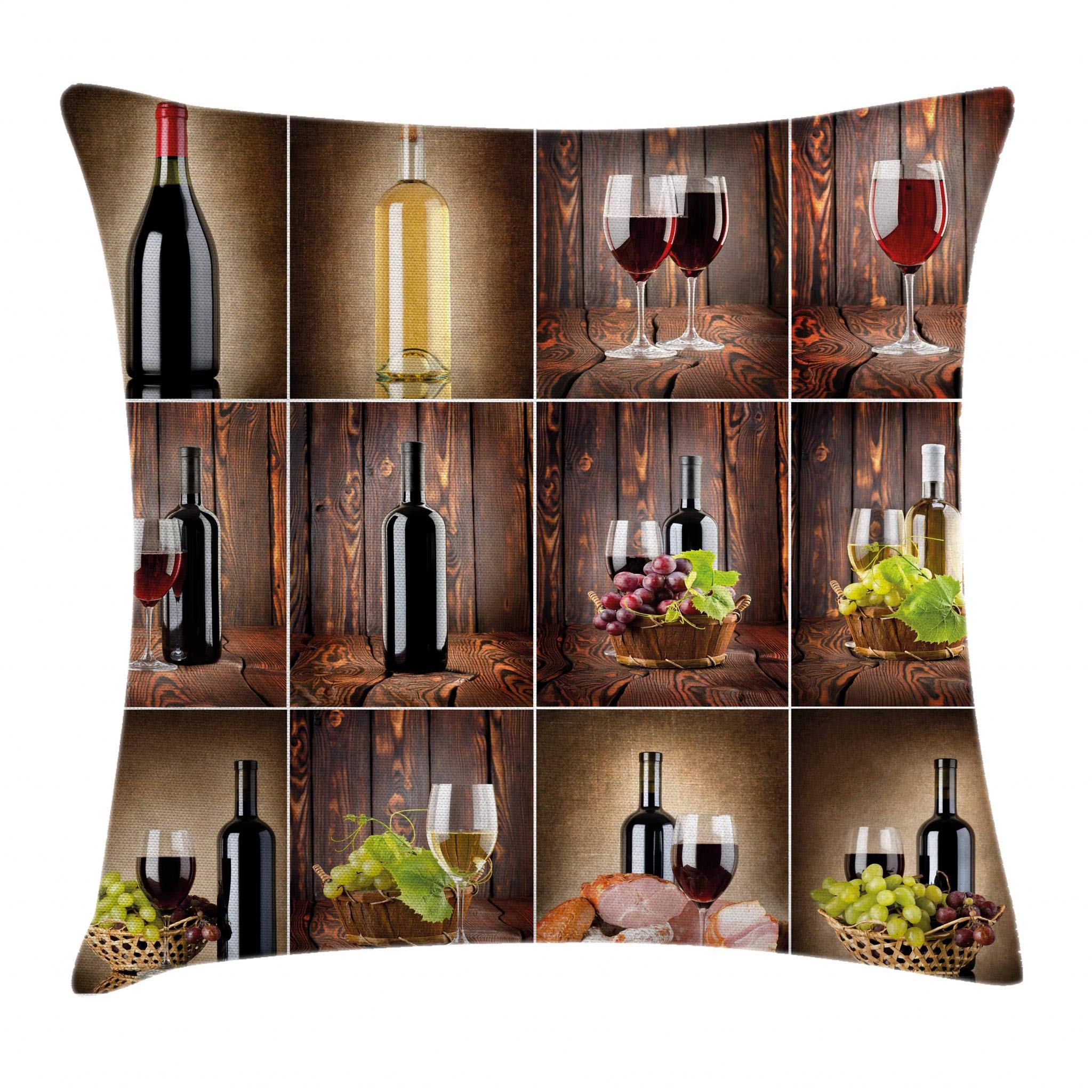 Ambesonne Wine Themed Decorative Throw Pillow Cover 24x24 Inches - Rustic Wooden Backdrop with Grapes and Meat Collage, Brown Black Square Accent Cushion Case for Living Room, Bedroom, and Home Decor
