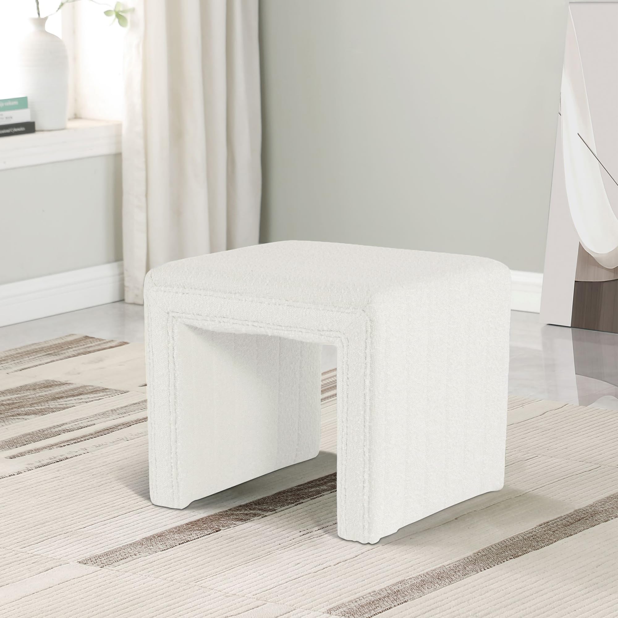 HomePop Modern Channel Tufted Ottoman - Cream Boucle Upholstered Storage Footstool | Living Room, Bedroom & Nursery Decor | Perfect for Extra Seating, Footrest or Coffee Table Use