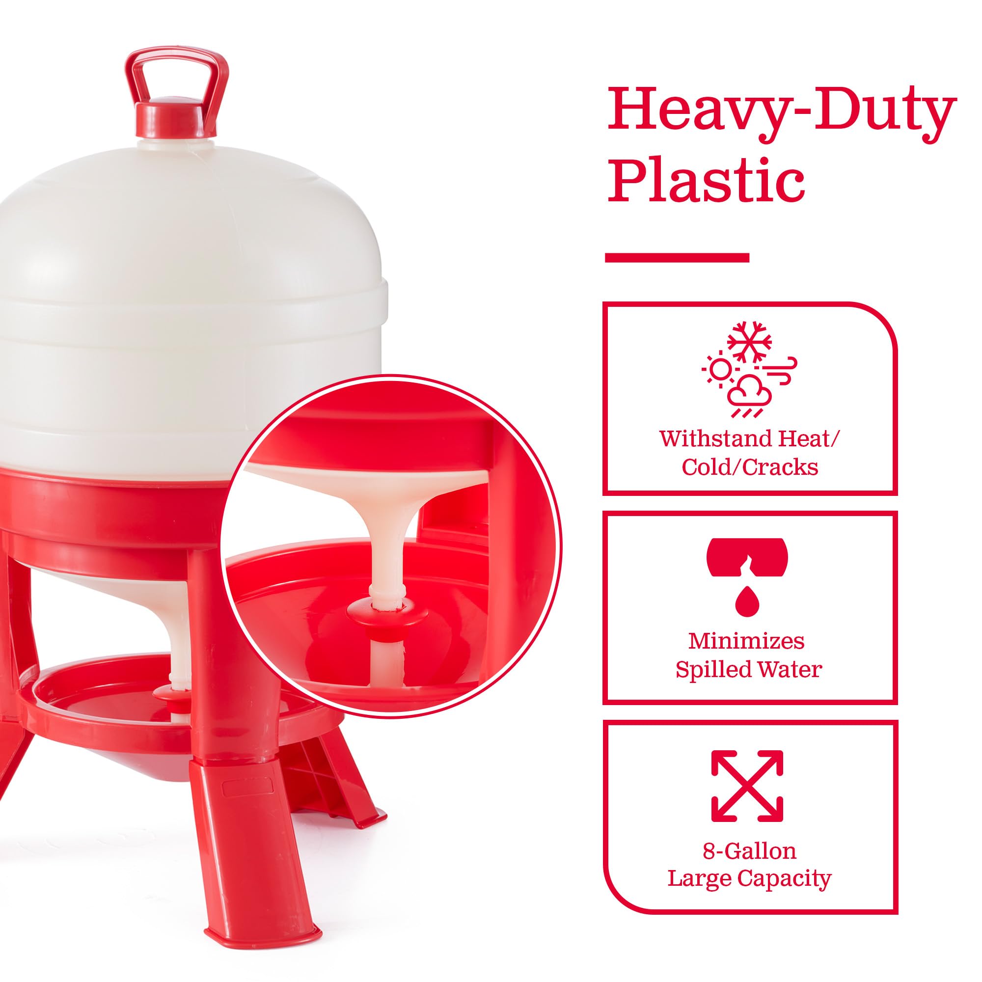 Little Giant DOMEWTR8 8 Gallon Heavy Duty Plastic Poultry Waterer with 3-Footed Stand - Automatic Chicken Water Dispenser for Coops & Backyard Flocks (Red, 2 Pack) - Ideal for Poultry Farming, Chicken Coops & Outdoor Use