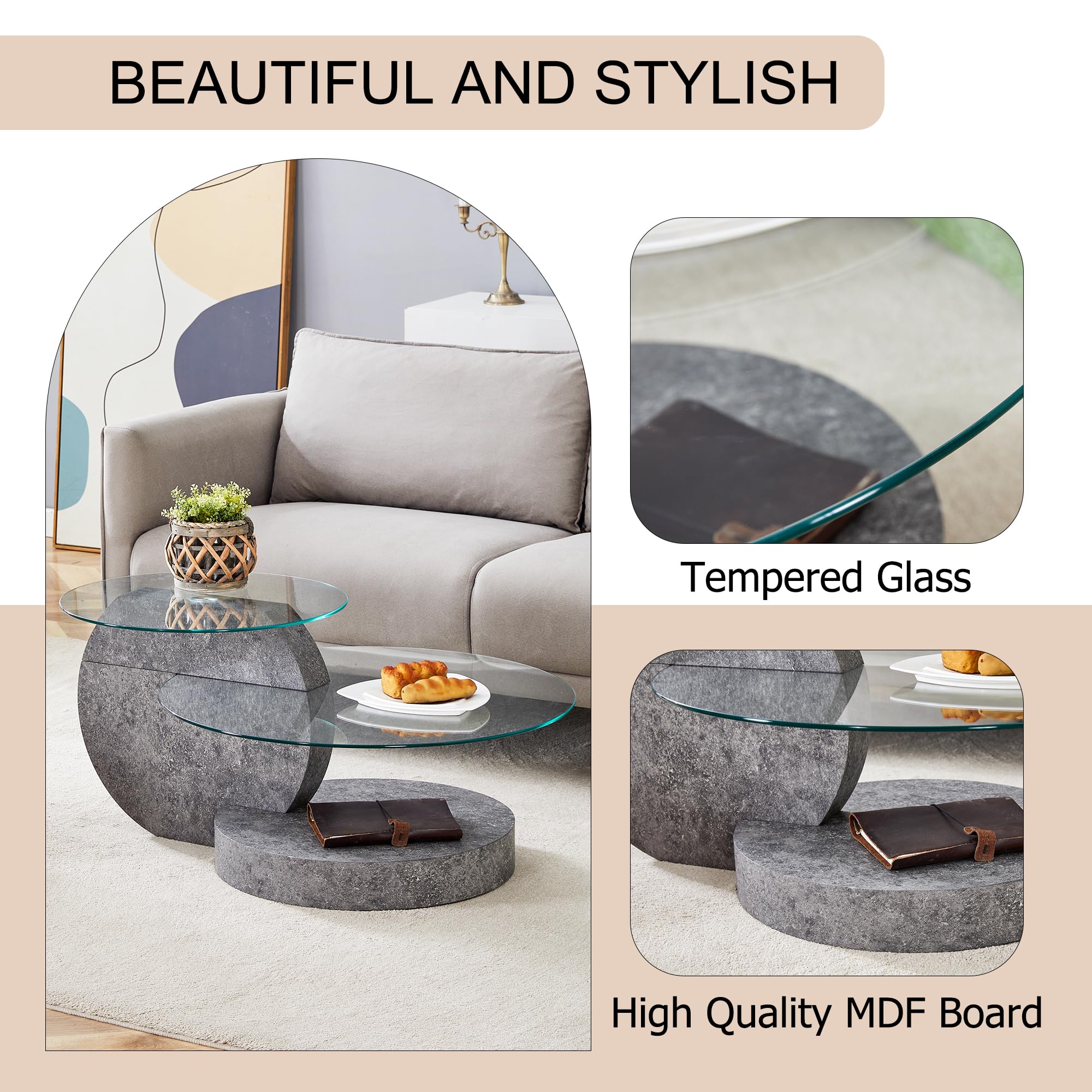 Modern 3-Tier Round Glass Coffee Table - 35.4 Inch Grey Circle Living Room Table for Small Spaces | Home Office & Lounge Centerpiece