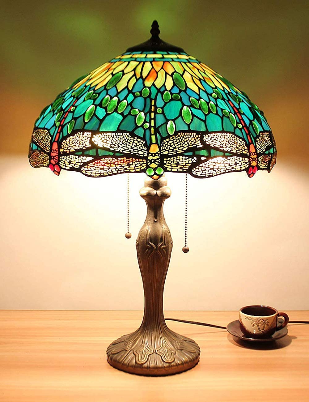 16 Inch Green Dragonfly Jewelry Table Lamp - Minimalist Bedside Lamp for Bedroom, Living Room, Bar & Lounge with Glass Shade - Perfect for Reading, Decor & Ambient Lighting