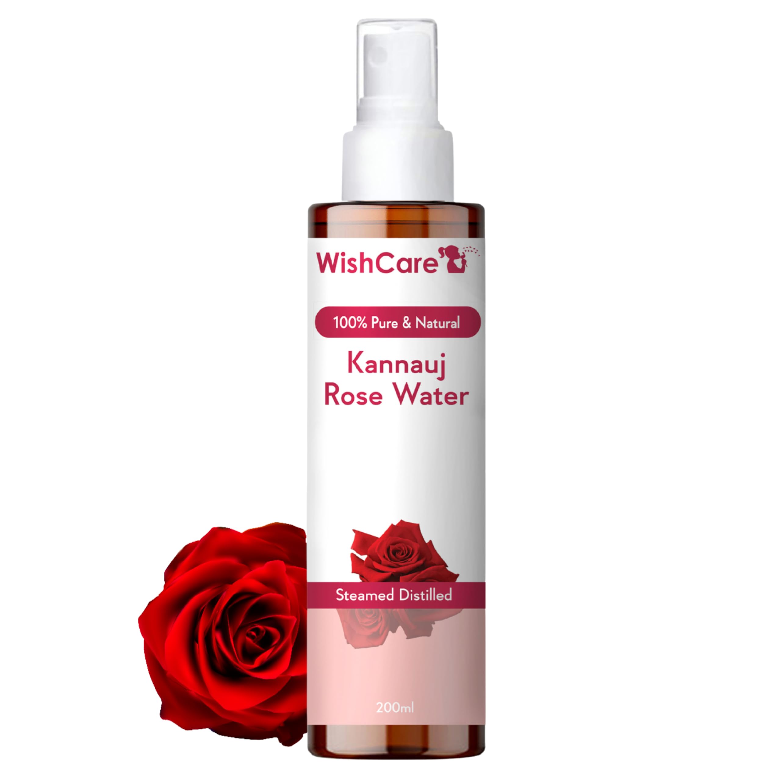 WishCare 100% Pure Natural Rose Water Spray - Steam Distilled Kannauj Gulab Jal for Face, Skin & Hair Care - Alcohol-Free, Paraben-Free Toner (200ml) - Perfect for Daily Hydration, Makeup Setting & After-Sun Soothing