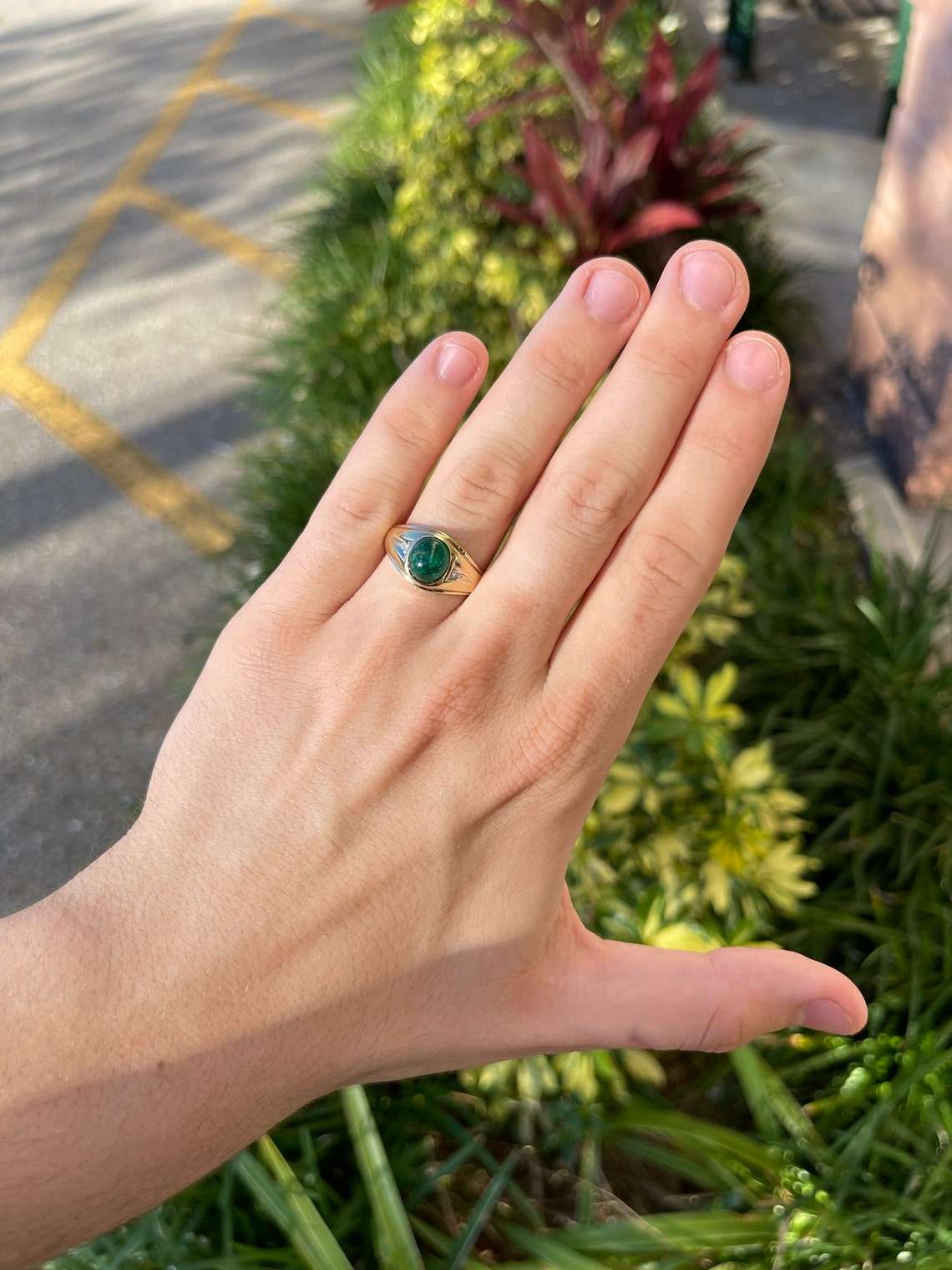 3.20tcw Natural Emerald Cabochon & Diamond Three Stone Men's Ring in 14K Gold - Perfect for Everyday Wear, Wedding Bands & Anniversary Gifts