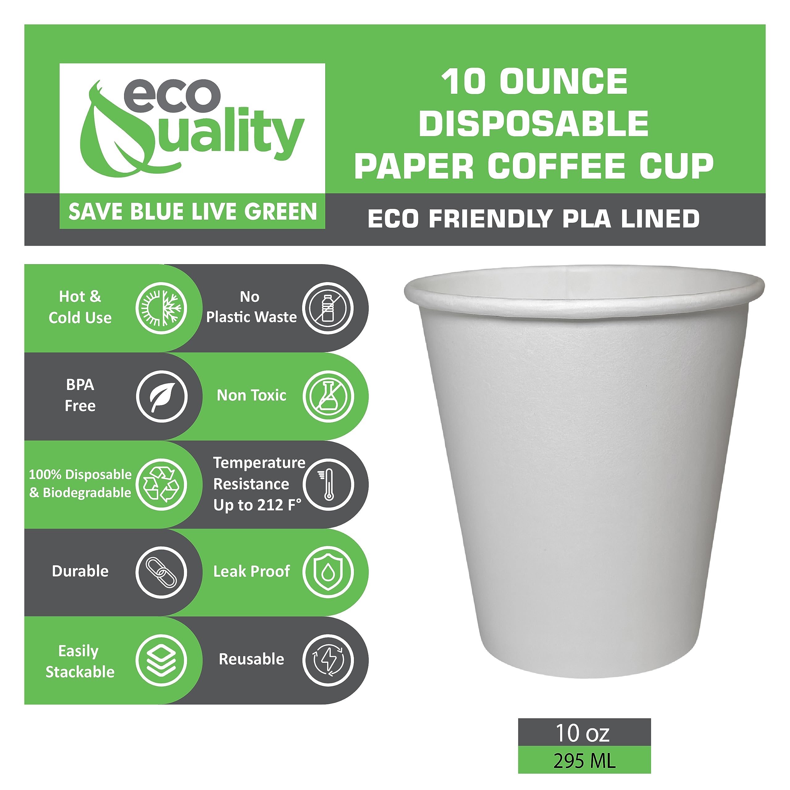 EcoQuality 2 Pack of 500 Count - 10 oz White Disposable Hot Drink Paper Cups | Recyclable & Compostable Coffee Cups for Office, Breakroom, Restaurant | Perfect for Serving Coffee, Tea, Latte, Chai at Cafes and Events