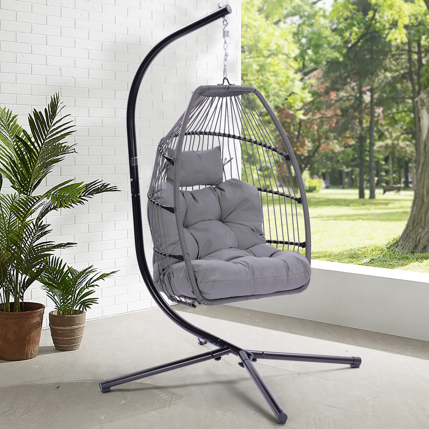 Outdoor Patio Wicker Folding Hanging Chair - Rattan Swing Hammock Egg Chair with Cushion & Pillow - Perfect for Backyard, Garden, Balcony Relaxation