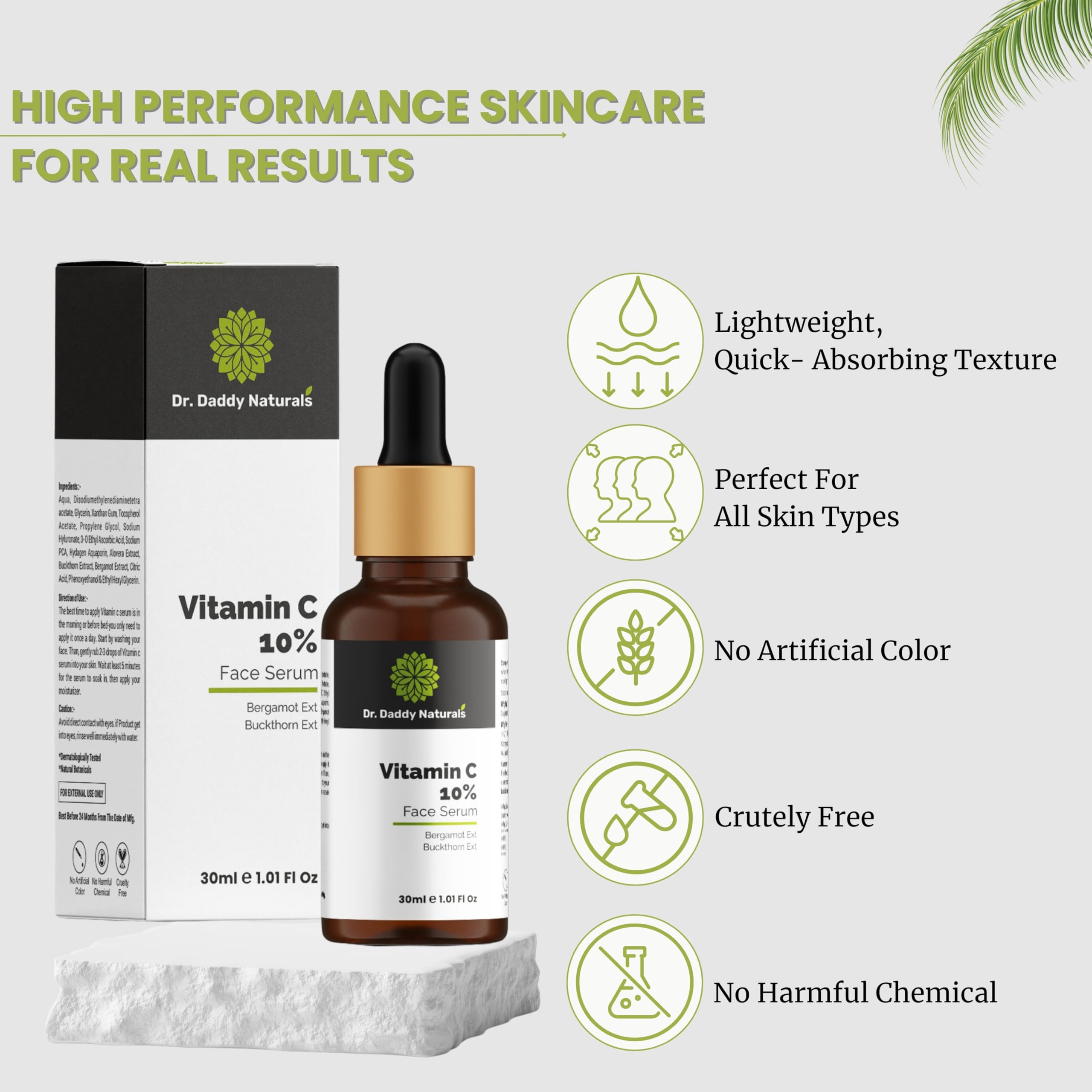 Dr. Daddy Naturals Vitamin C Face Serum with Hyaluronic Acid & Bergamot Extract - Skin Brightening Serum for Hyperpigmentation, Dark Spots & Wrinkles - Fragrance Free, 30ml - Perfect for Daily Skincare Routine & Nighttime Repair