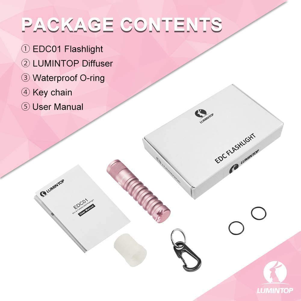 LUMINTOP EDC01 LED Mini Flashlight - 120 Lumens Pocket Flashlight with 3 Modes, 36 Hours Runtime, IPX8 Waterproof, AAA Battery Powered (Pink) - Perfect for Camping, Hiking, Emergency Kits & Everyday Carry