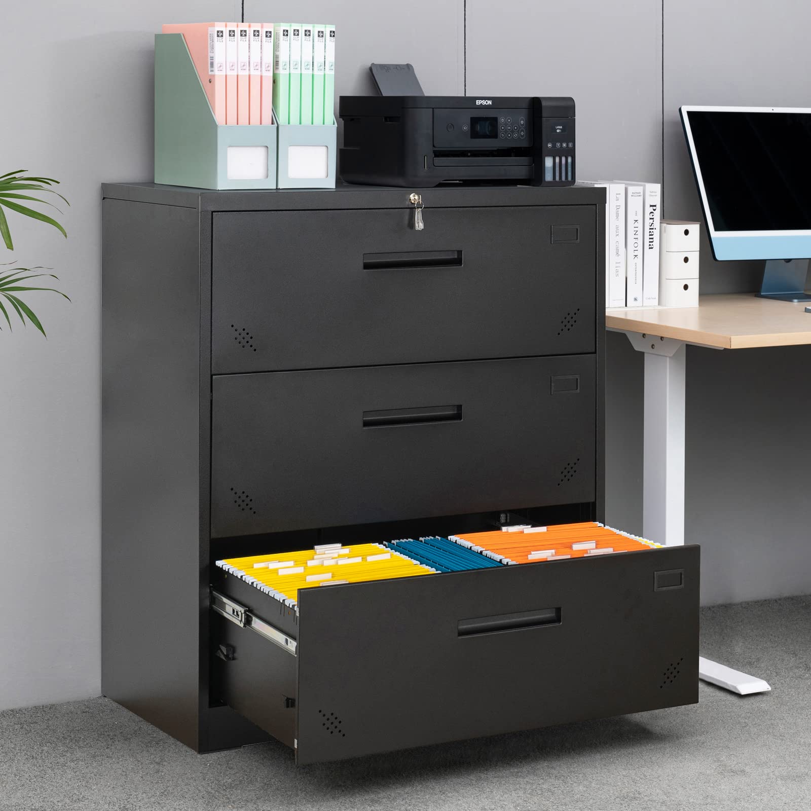 GREATMEET 3-Drawer Locking File Cabinet - Legal Size Metal Filing Cabinet with Key Lock for Home Office Organization | Secure Document Storage for Contracts, Records & Important Files (Black)