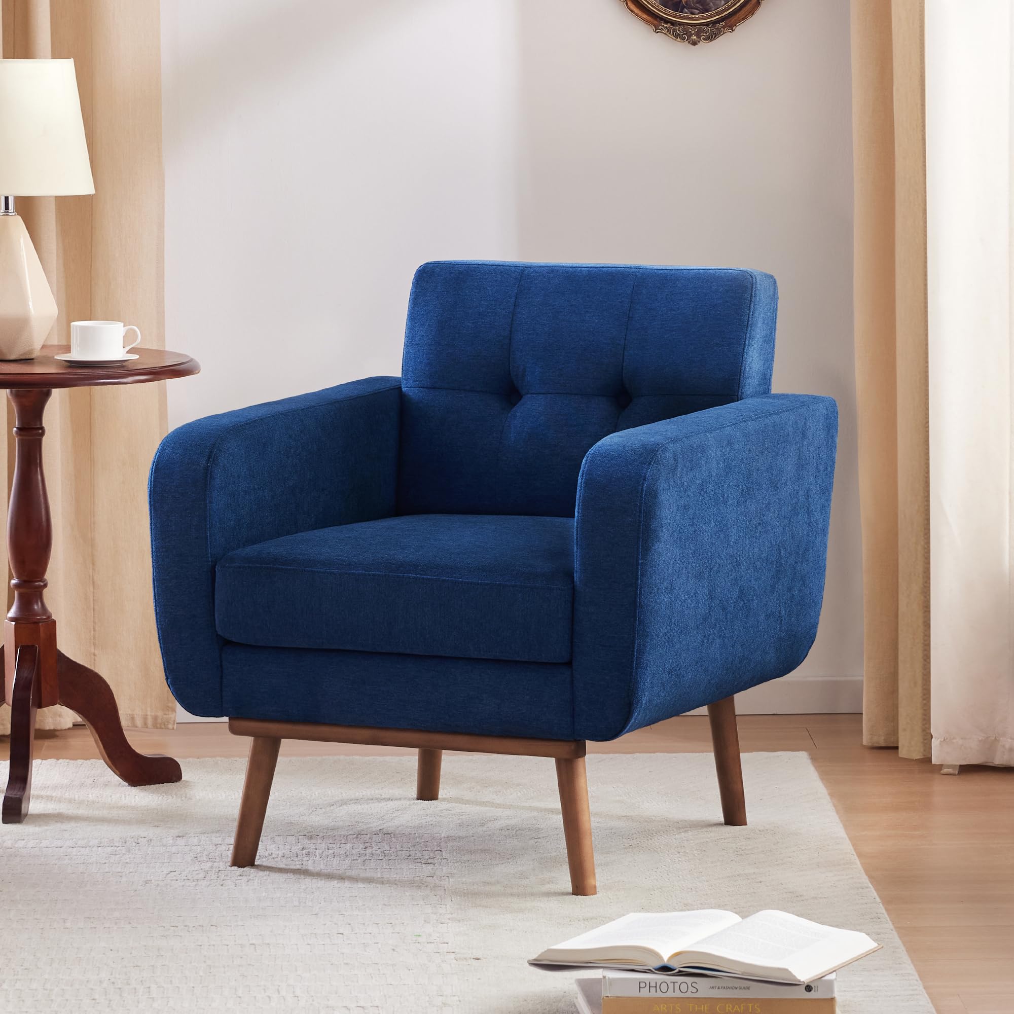 HUIMO Mid Century Modern Fabric Accent Chair - Button Tufted Armchair with Upholstered Seat for Living Room, Bedroom, Office & Study - Easy Assembly Comfortable Reading Chair (Dark Blue) - Perfect for Relaxing, Working or Decorating Your Home Space