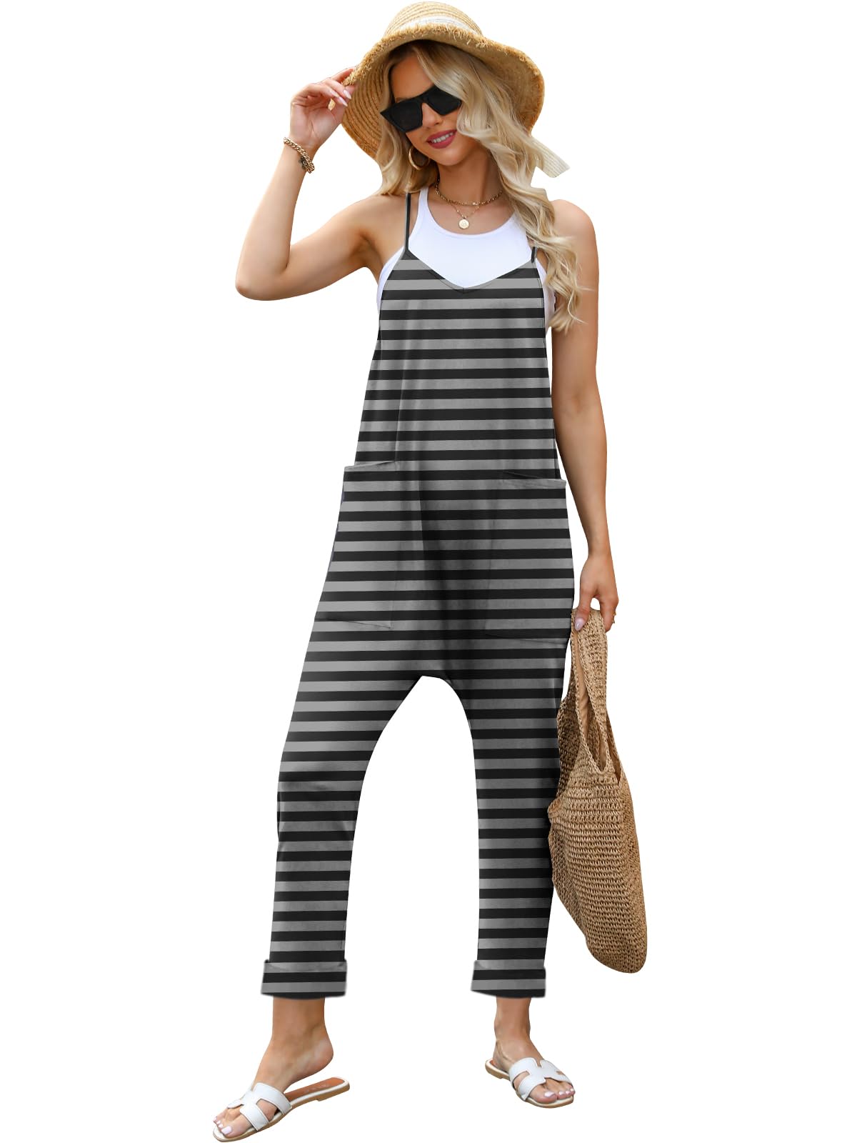 Women's Summer V-Neck Sleeveless Jumpsuit with Pockets - Casual Loose Romper for Beach & Outings
