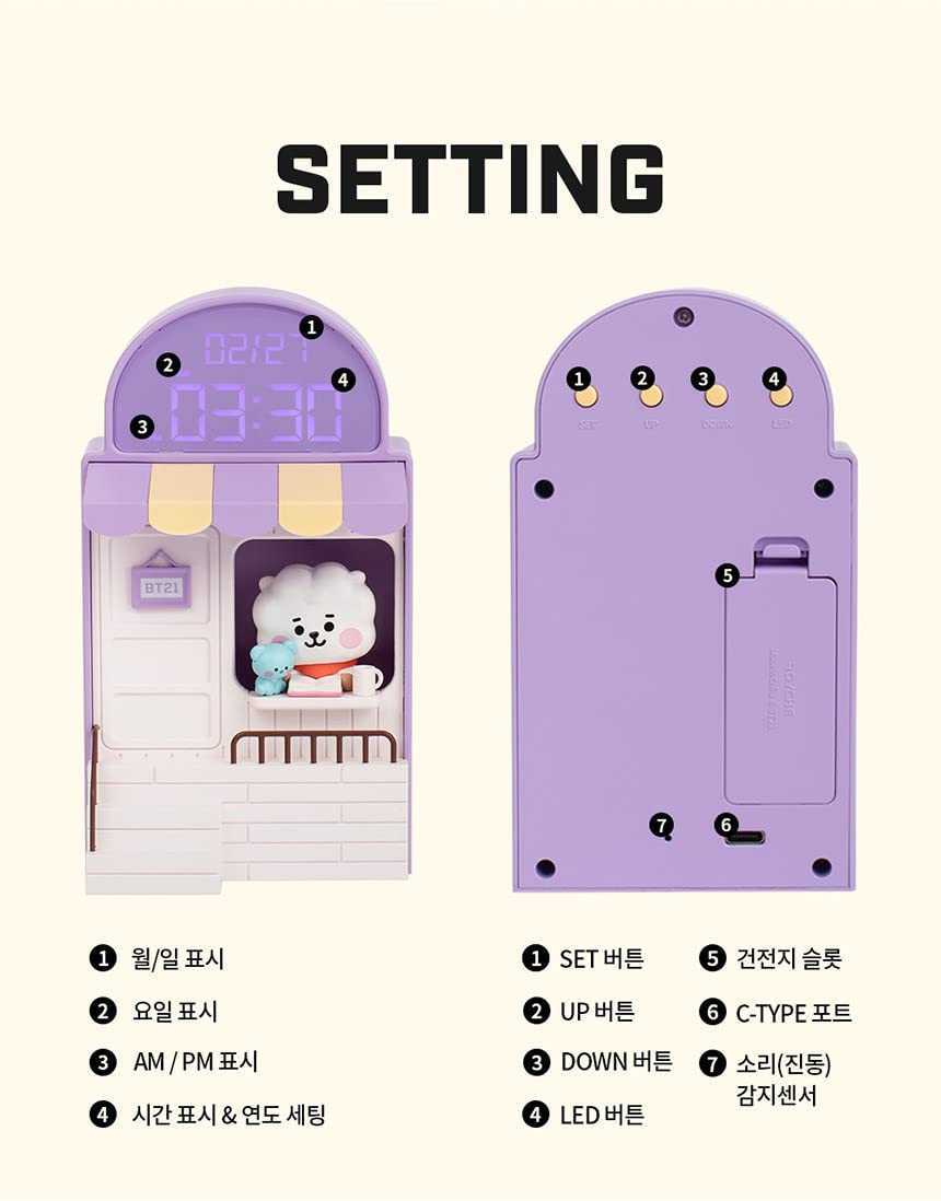 BT21 TATA Cafe LED Desk Clock - Cute Alarm Clock with Night Light, Digital Display & USB Charging - Perfect for Home, Office, Dorm Room Decor & BTS Fans Gift