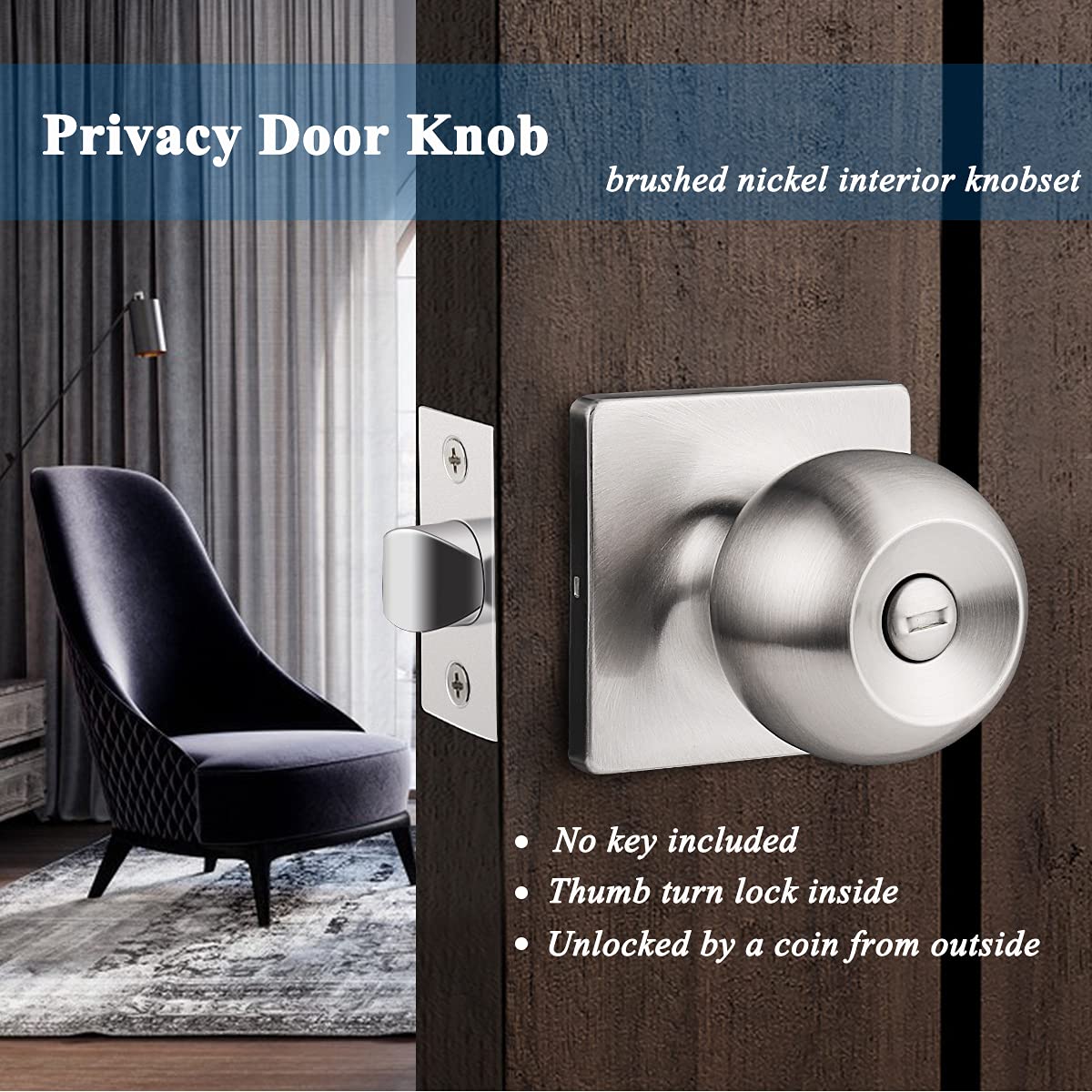 Gobrico Brushed Nickel Privacy Door Knob with Lock - Round Ball Style Interior Door Lockset with Thumb Turn Inside - Stainless Steel Bedroom & Bathroom Door Hardware (1 Pack) - Perfect for Bedrooms, Bathrooms, and Home Privacy Security