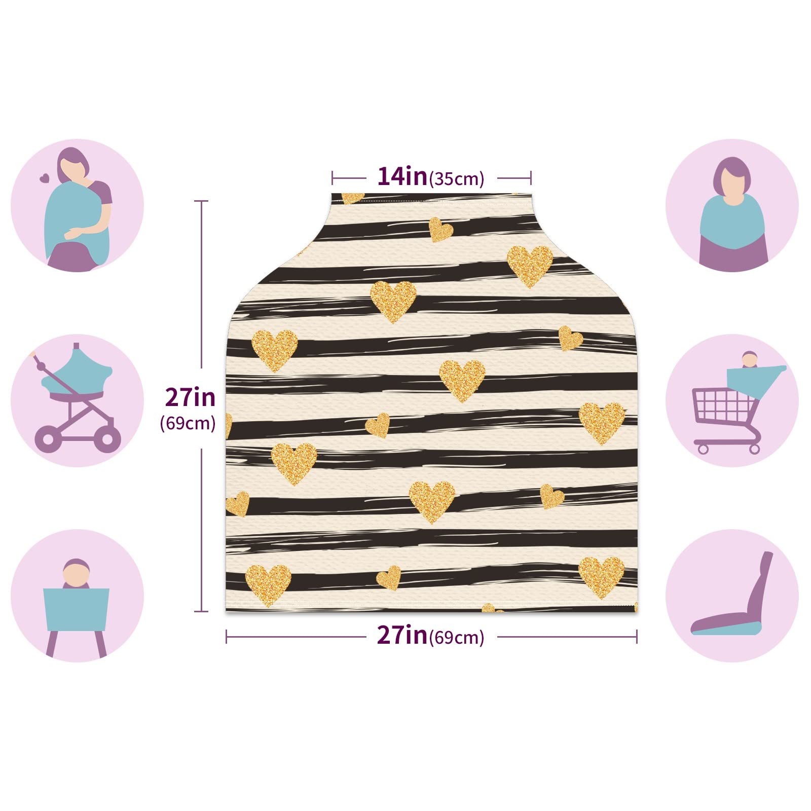 Retro Heart Golden Glitter Baby Car Seat Cover & Nursing Scarf - Soft Stretchy Infant Carrier Canopy for Boys and Girls - Perfect for Strollers, Breastfeeding, and Car Seat Protection