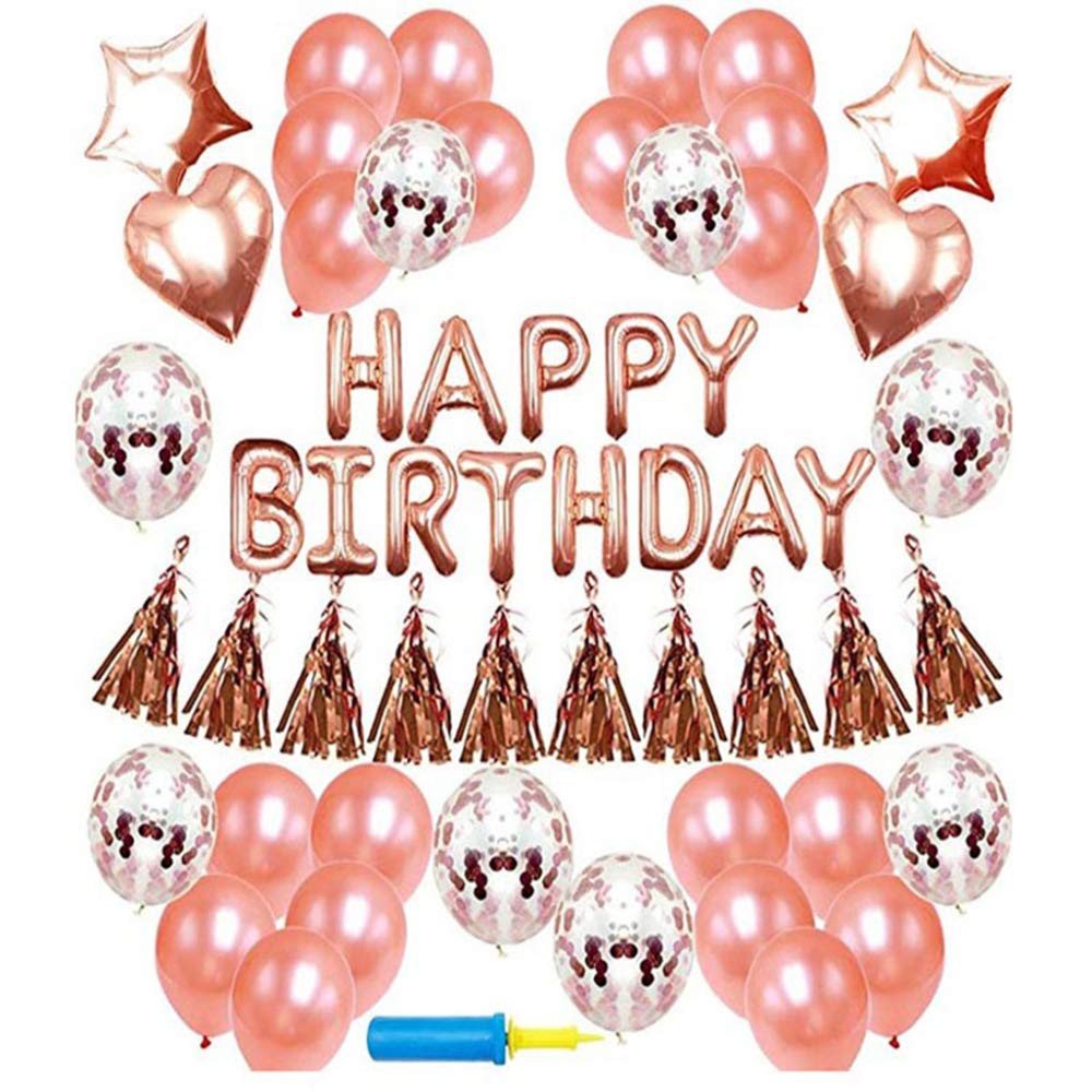 Rose Gold Birthday Party Decorations Set - Foil Banner, Latex Balloons & Confetti Balloons for Happy Birthday Celebrations | Perfect for Adult Parties, Baby Showers & Anniversary Events