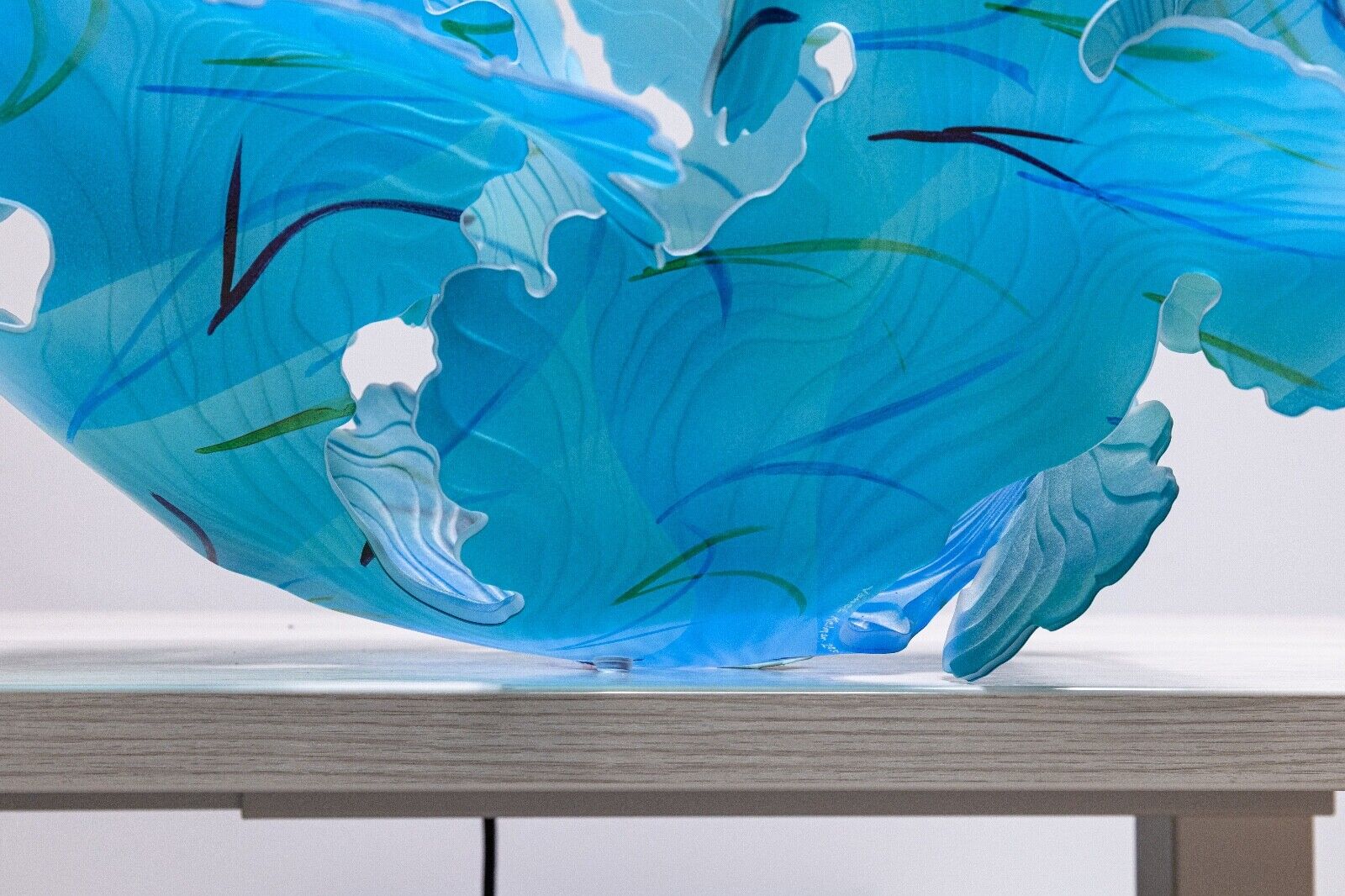 Janet Kelman Seafan Series Signed Contemporary Studio Glass Azure Blue Leaf Bowl - Handmade Art Glass Bowl for Home Decor, Gift, and Table Centerpiece