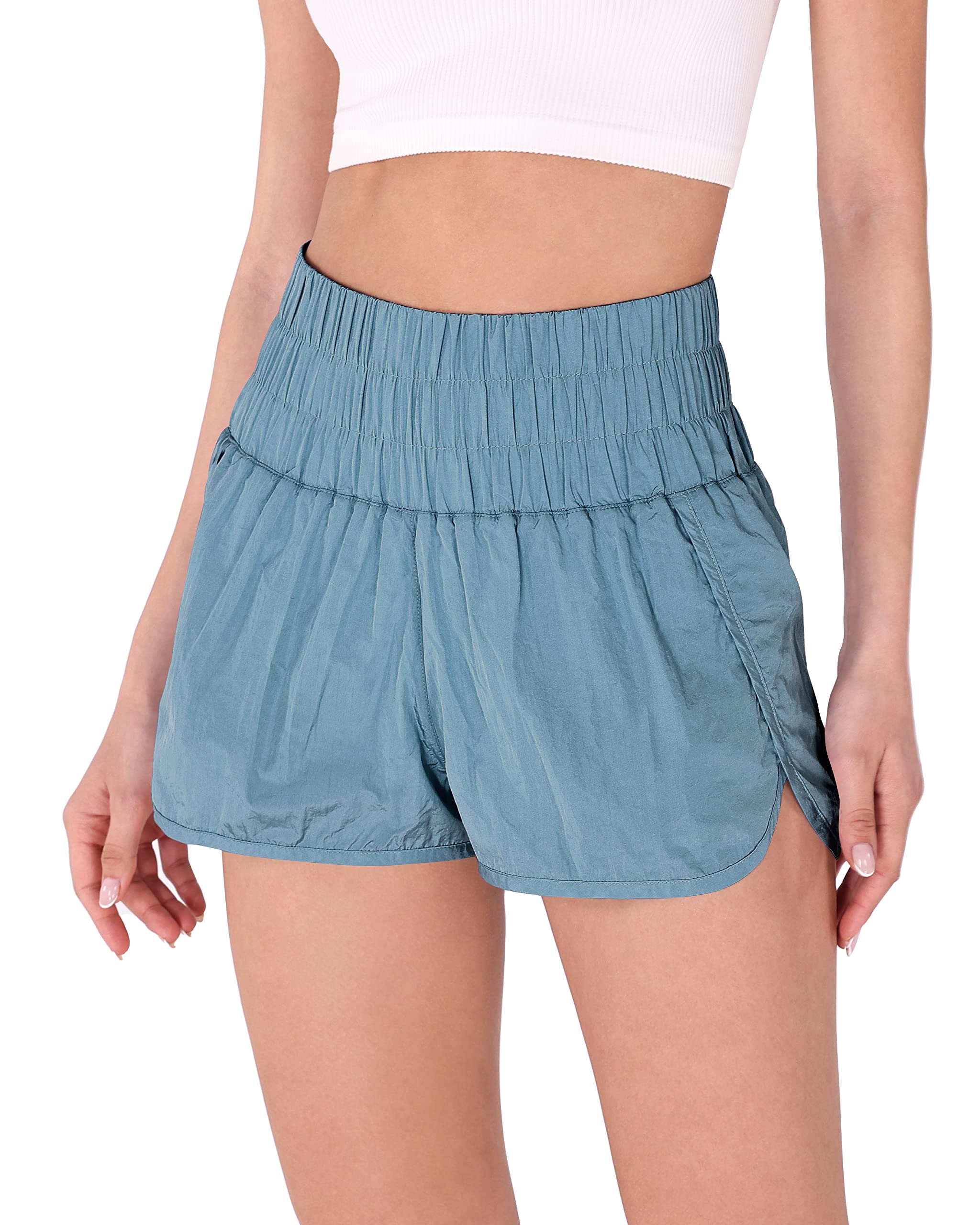 **ODODOS Women's High Waisted Athletic Shorts - Elastic Quick Dry Workout Running Shorts with Mesh Back Pocket - Perfect for Gym, Yoga & Casual Wear**