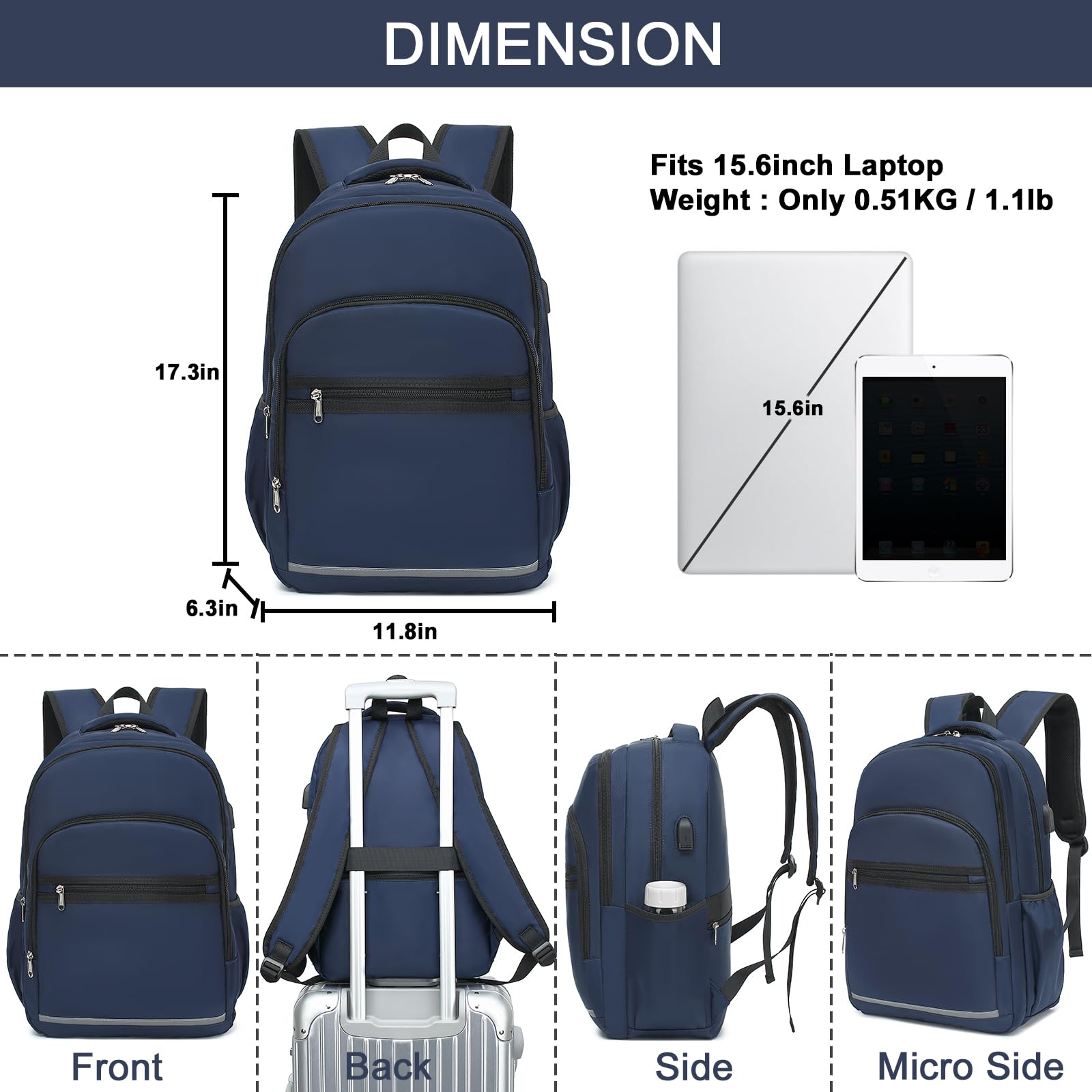 Bluboon Women's 15.6 Inch Laptop Backpack - Waterproof College School Bookbag with USB Charging Port & Multiple Compartments for Business Travel, Work & Daily Commute (Dark Blue)
