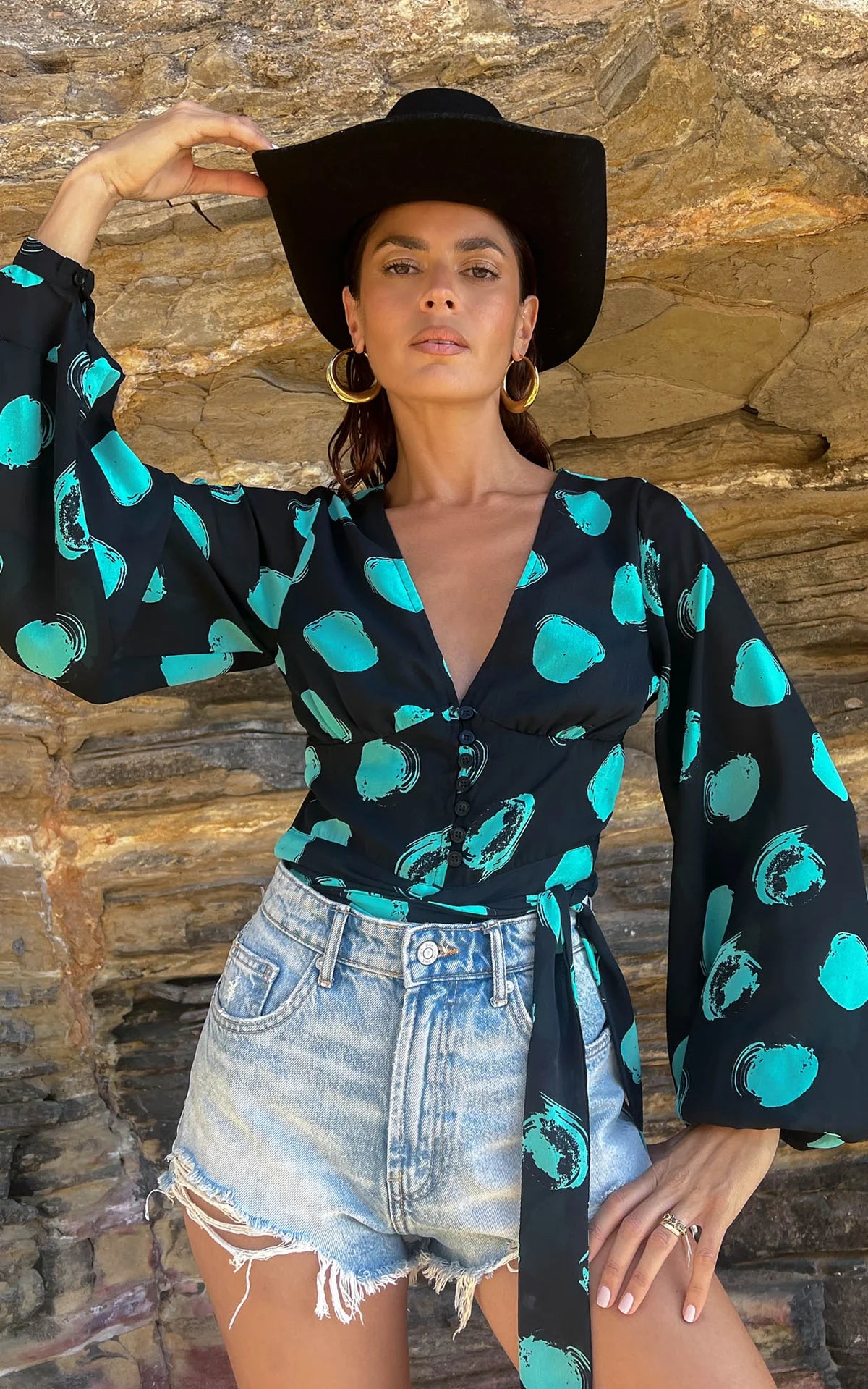 Joanie Tie Top - Green on Black Dot Floral Print Women's Blouse for Casual Wear, Office & Date Night
