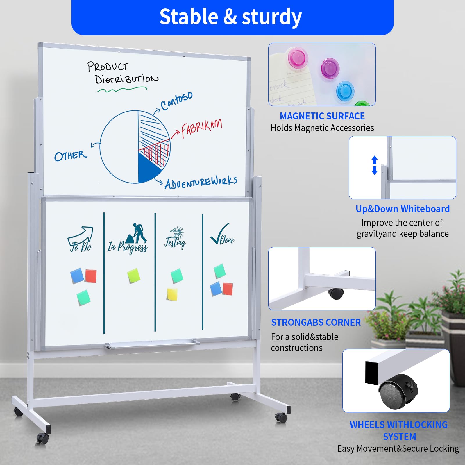 Magnetic Dry Erase Whiteboard 48x60 Inches - Double-Sided Rolling Whiteboard on Wheels with Adjustable Height & Easel Stand for School, Office, Home Use - Includes Markers & Erasers (Ideal for Classrooms, Presentations & Home Office Organization)