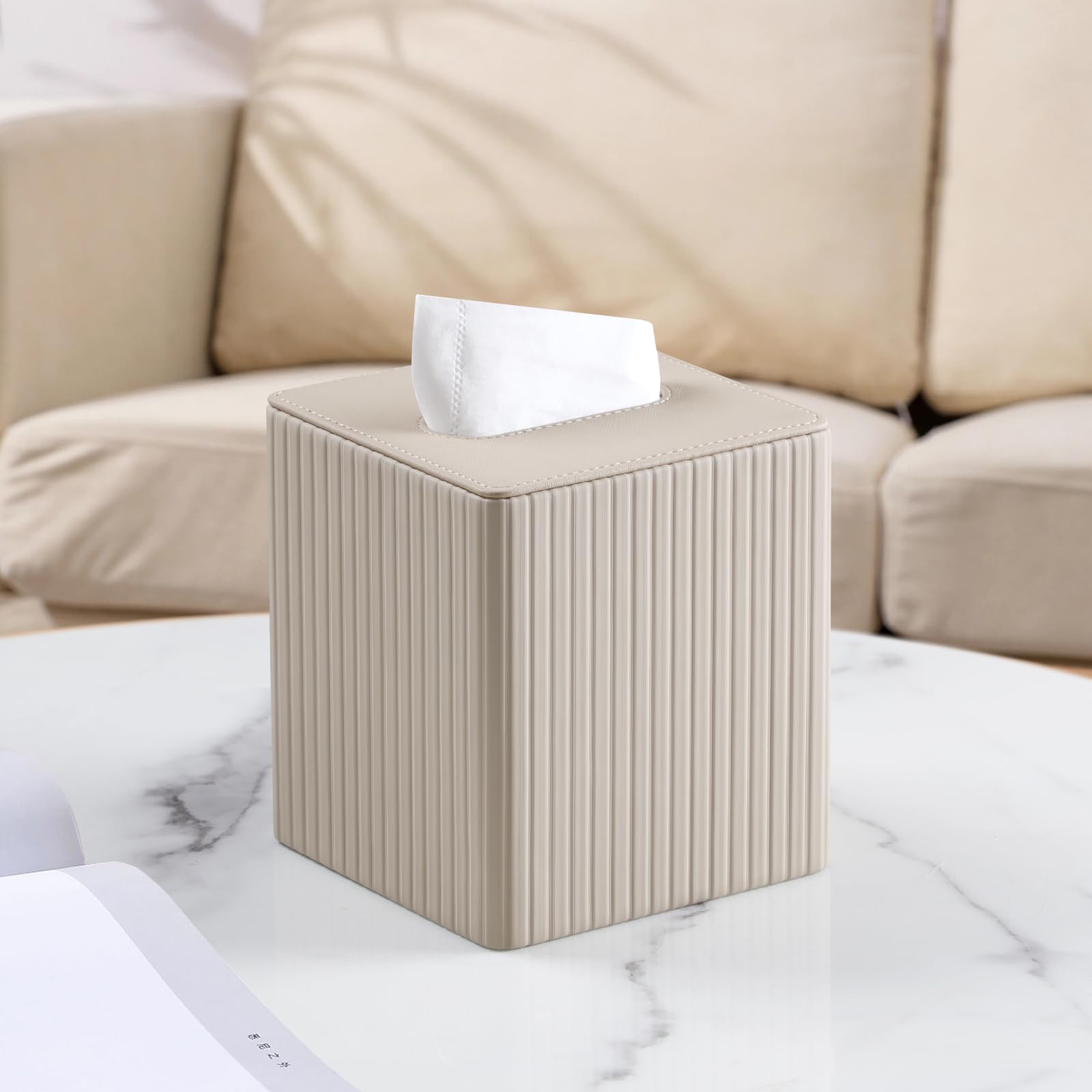 Premium PU Leather Square Tissue Box Cover with Magnetic Closure - Elegant Beige Stripe Design for Home, Office & Car Decor | Water-Resistant & Dustproof Organizer
