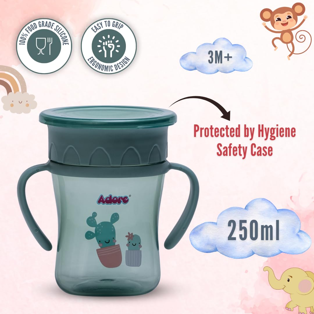 Adore Magic 360 Spoutless Sipper Cup with Handle | Leak-Proof Baby Water Bottle for 6-12 Months | Anti-Spill Straw Cup for Toddlers & Kids | BPA-Free Training Cup for Boys & Girls (250ml, Green) | Perfect for Daycare, Travel & Learning to Drink Independently