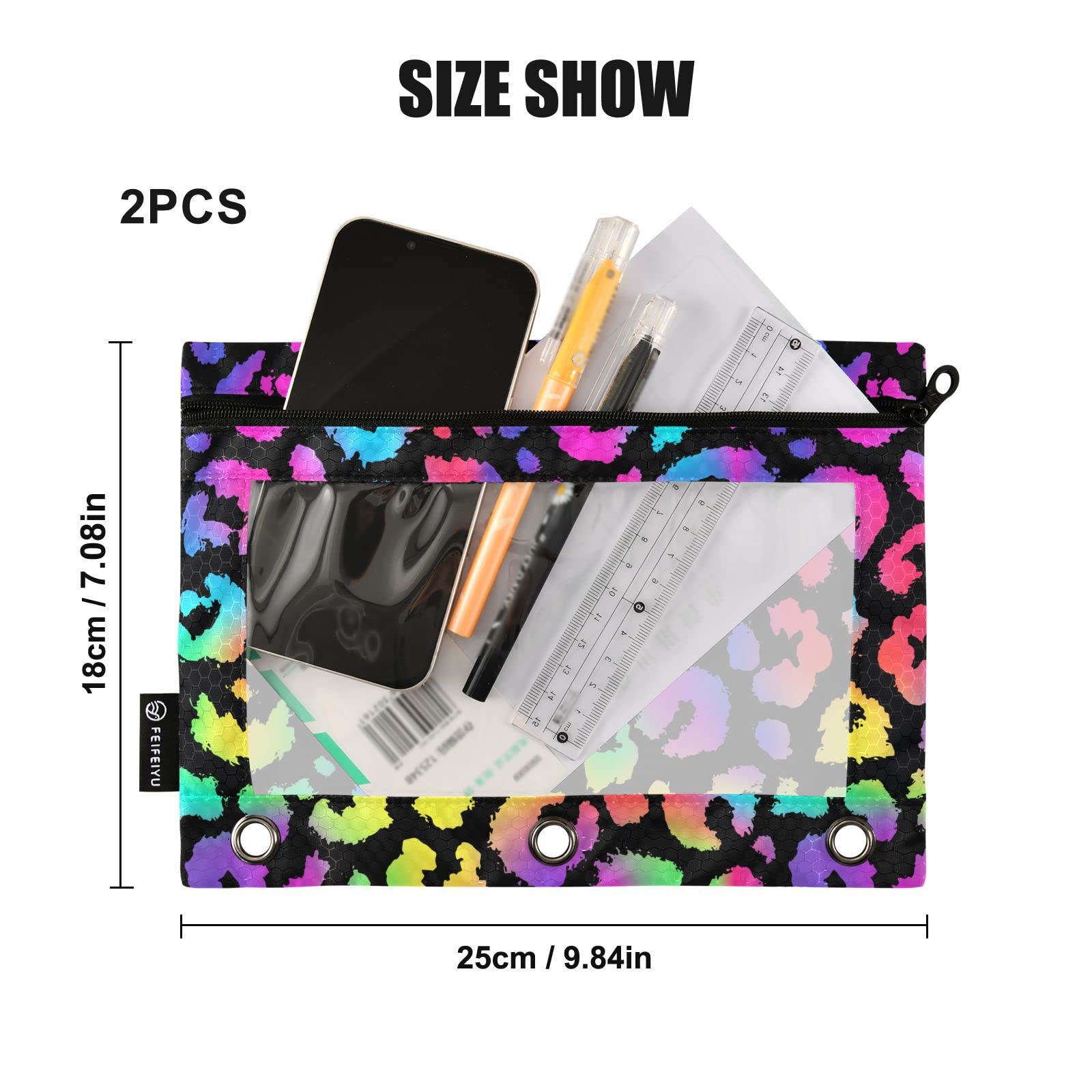 ALAZA Rainbow Leopard Print 3-Ring Binder Pencil Pouch with Clear Window - 2 Pack Zippered Pencil Case & Cosmetic Organizer for School, College, Office Supplies | Perfect for Back-to-School, Work Essentials & Makeup Storage