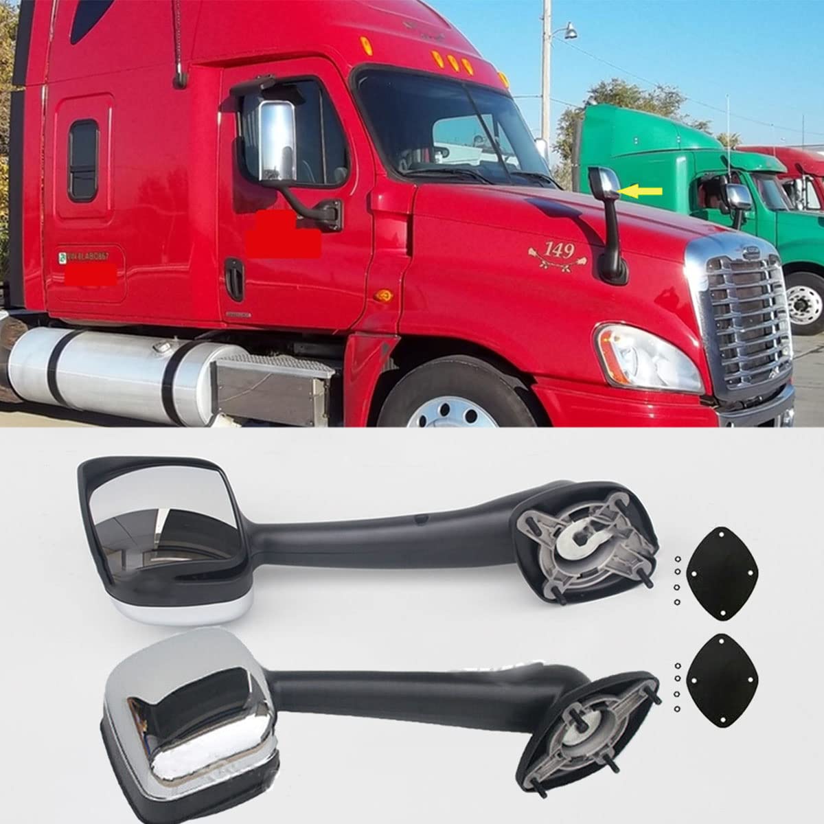 2008-2016 Freightliner Cascadia Chrome Hood Mirror - Manual Truck Towing Mirror Replacement with Chrome Housing | Durable Exterior Side Mirror for Long-Haul Trucking & Towing