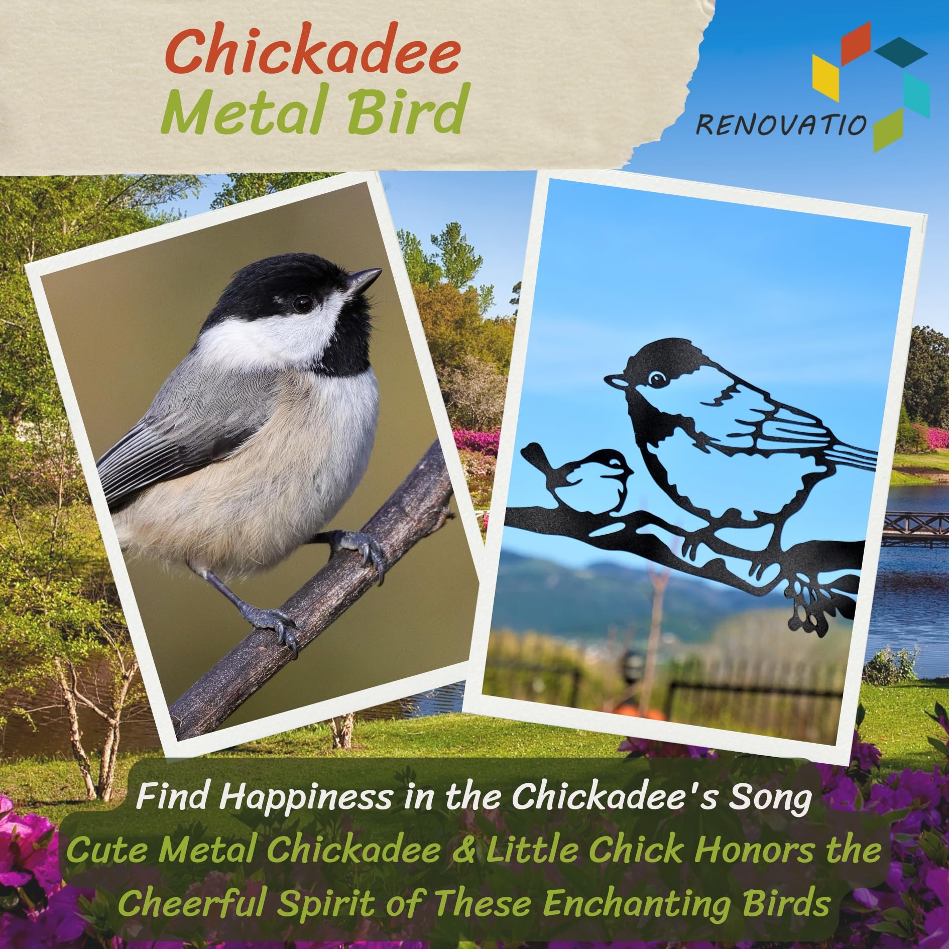 Renovatio Black Metal Chickadee Bird Decor - Elegant Garden Art for Backyard, Patio & Outdoor Spaces - Durable Metal Ornaments for Trees, Lawn & Home Decoration - Perfect for Nature Lovers & Bird Watching Enthusiasts