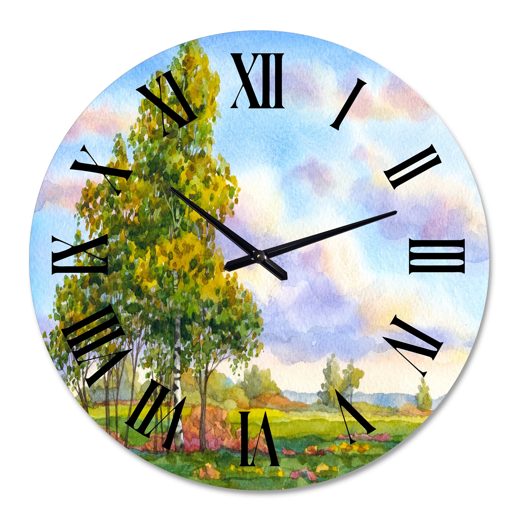 DesignQ Traditional Wall Clock - 'Landscape The Trees in The Evening Field' - Large Nature-Themed Wall Clock for Bedroom, Living Room & Office Decor - Perfect for Home, Office & Gift Giving
